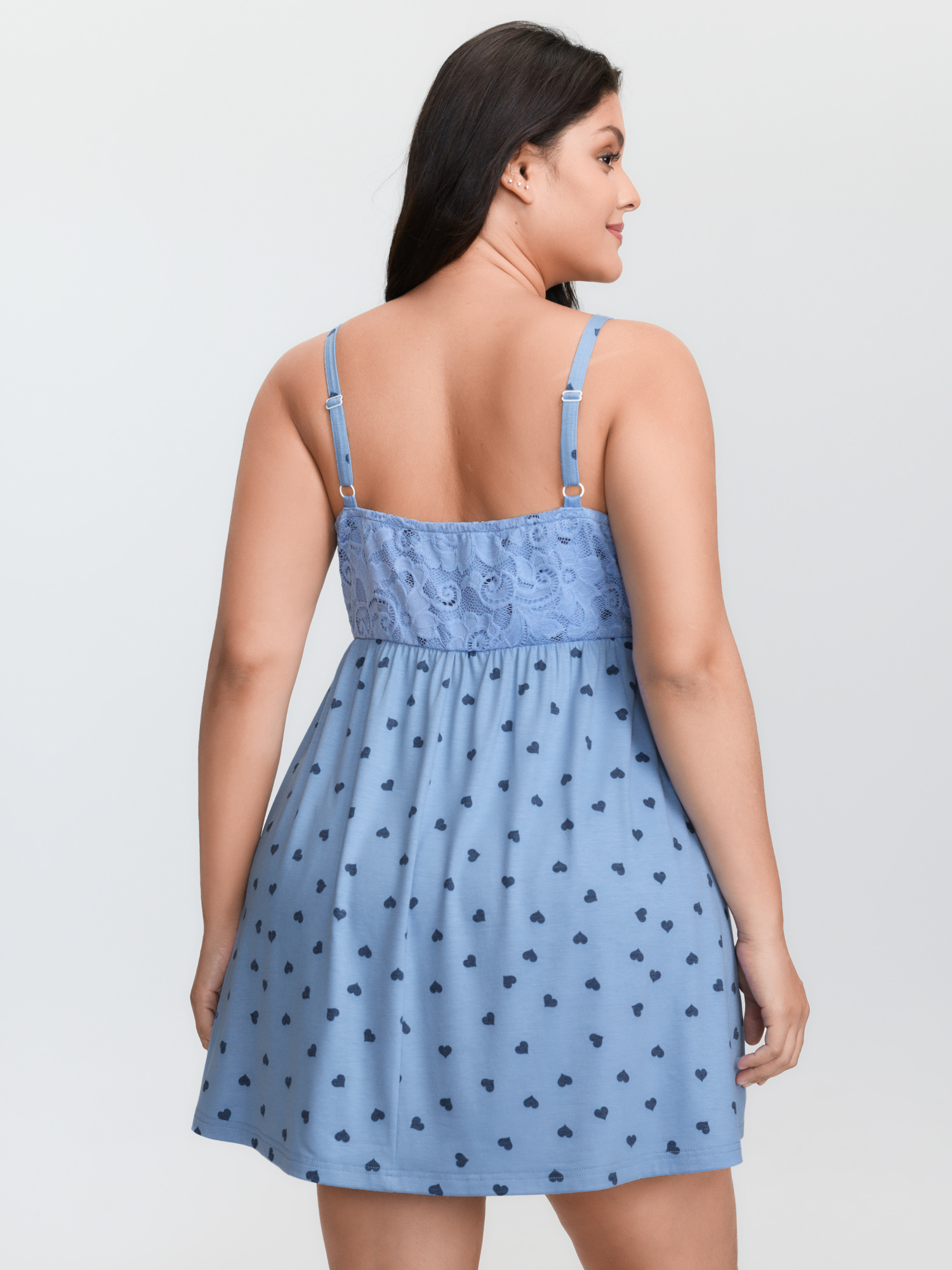 Side view of BloomChic Women's Plus Size Romantic Heart Print Lace Sleep Dress LightBlue Sleeveless Tunic V-Neck 10/M