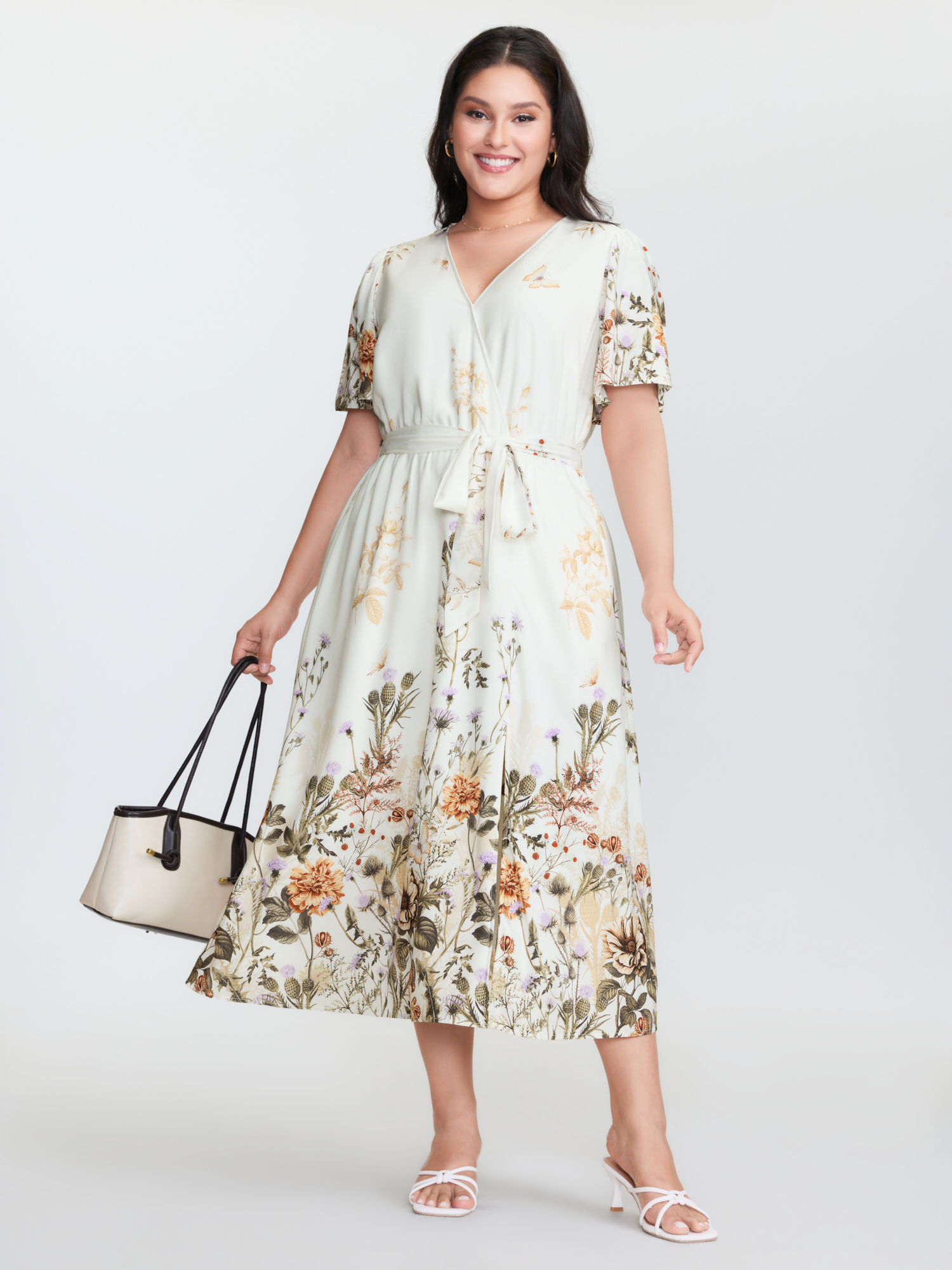 BloomChic Women's Plus Size Spring Floral Print Surplice Neck Midi Dress Beige Ditsy Floral Midi Everyday-Elegant Overlapping 10/M