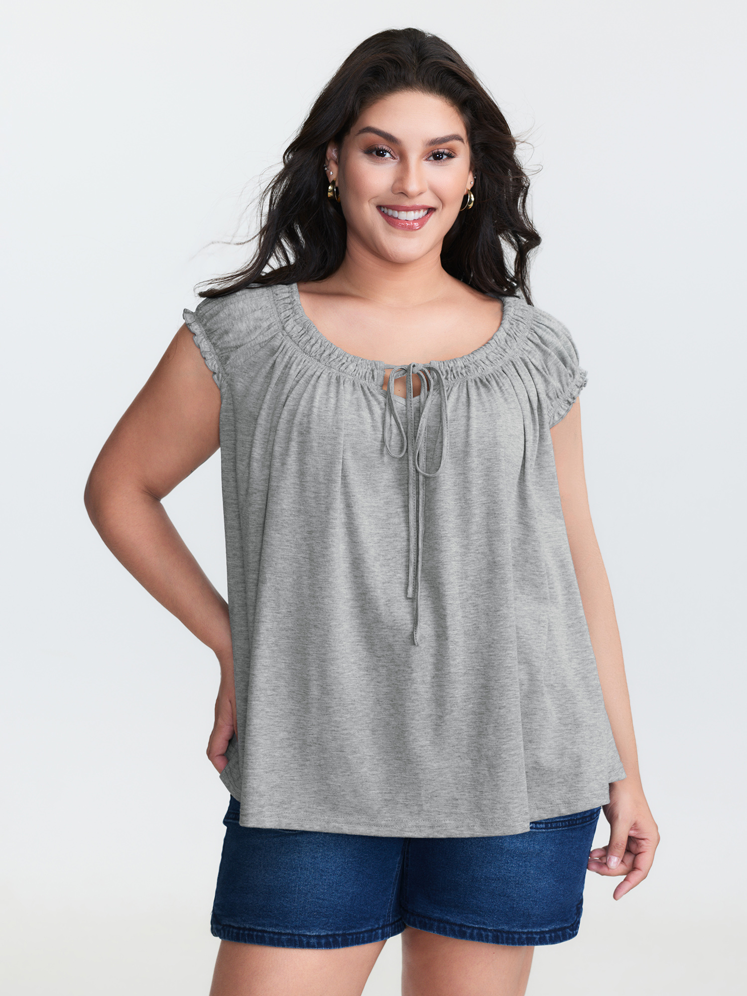 BloomChic Plus Size Supersoft Shirred Drawstring Neckline Flowy Top - Women's Alabaster Gray Cap Sleeve Leisure Knit Tops 26-28/3X