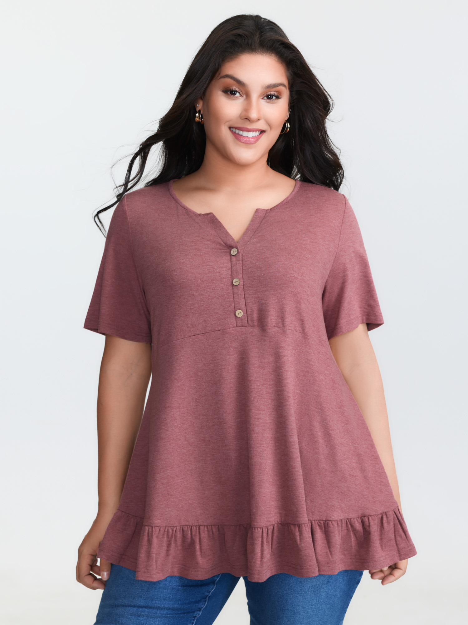 BloomChic Plus Size Supersoft Stretchy Ruffled Hemline Button T-Shirt - Women's Renaissance Rose Solid Round Neck Comfort Midsection Fit Long Sleeve Playful T-shirts 16/L