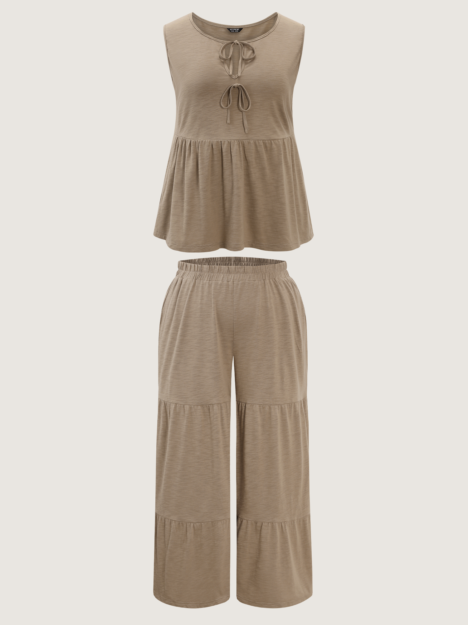 Side view of BloomChic Women's Plus Size Supersoft Textured Front Tie Tiered Lounge Set Champagne Non Sleeveless Tie knot 14-16/1X