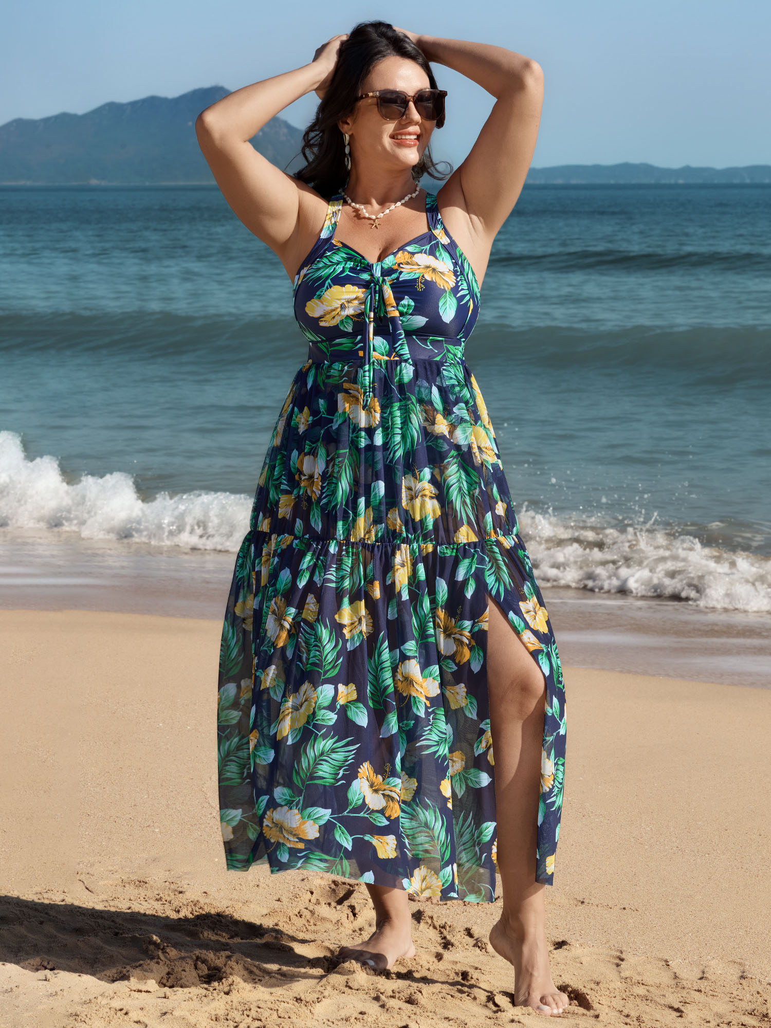 BloomChic Women's Plus Size Tropical Print One Piece Swimsuit Sarong Set Indigo Tropical See through Adaptive-Fit 10/M