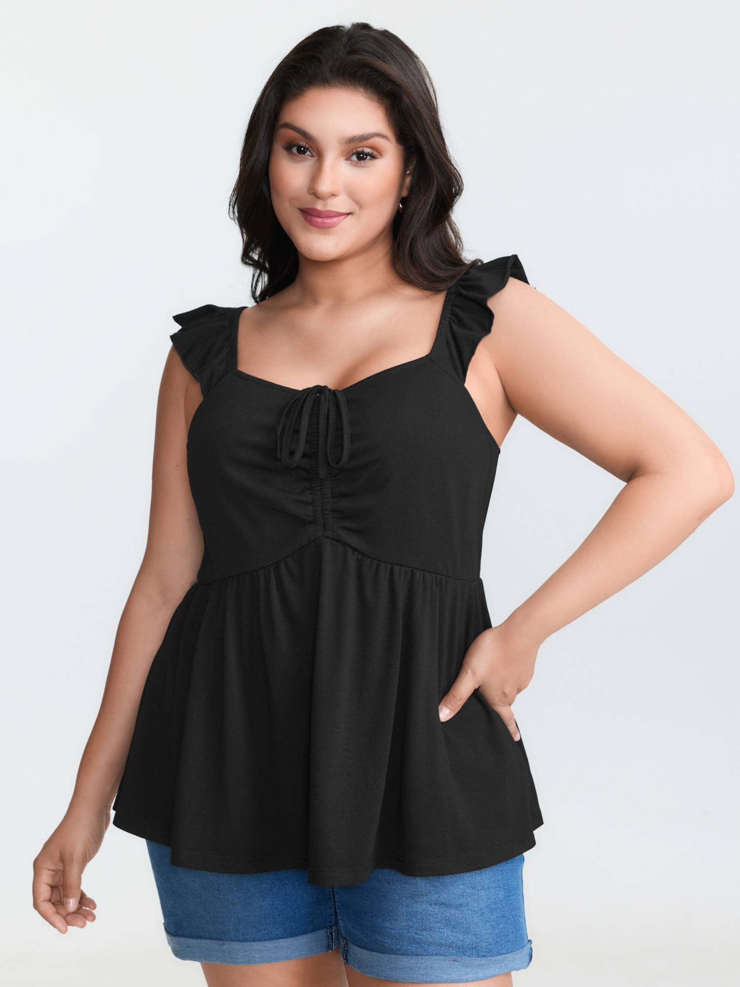 BloomChic Women's Plus Size Supersoft Ruched Cinched-Flared Tank Top Black Everyday-Casual X-line 10/M