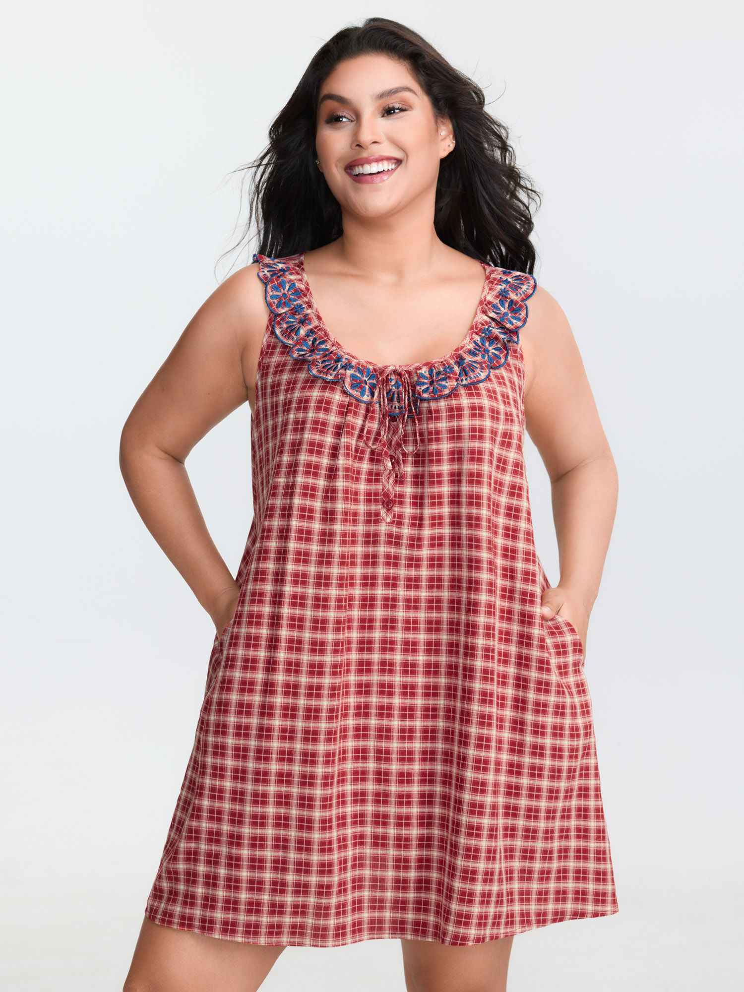 BloomChic Women's Plus Size Gingham Print Embroidered Neckline Flowy Nightgown Scarlet Tunic 10/M-image-48082095210666