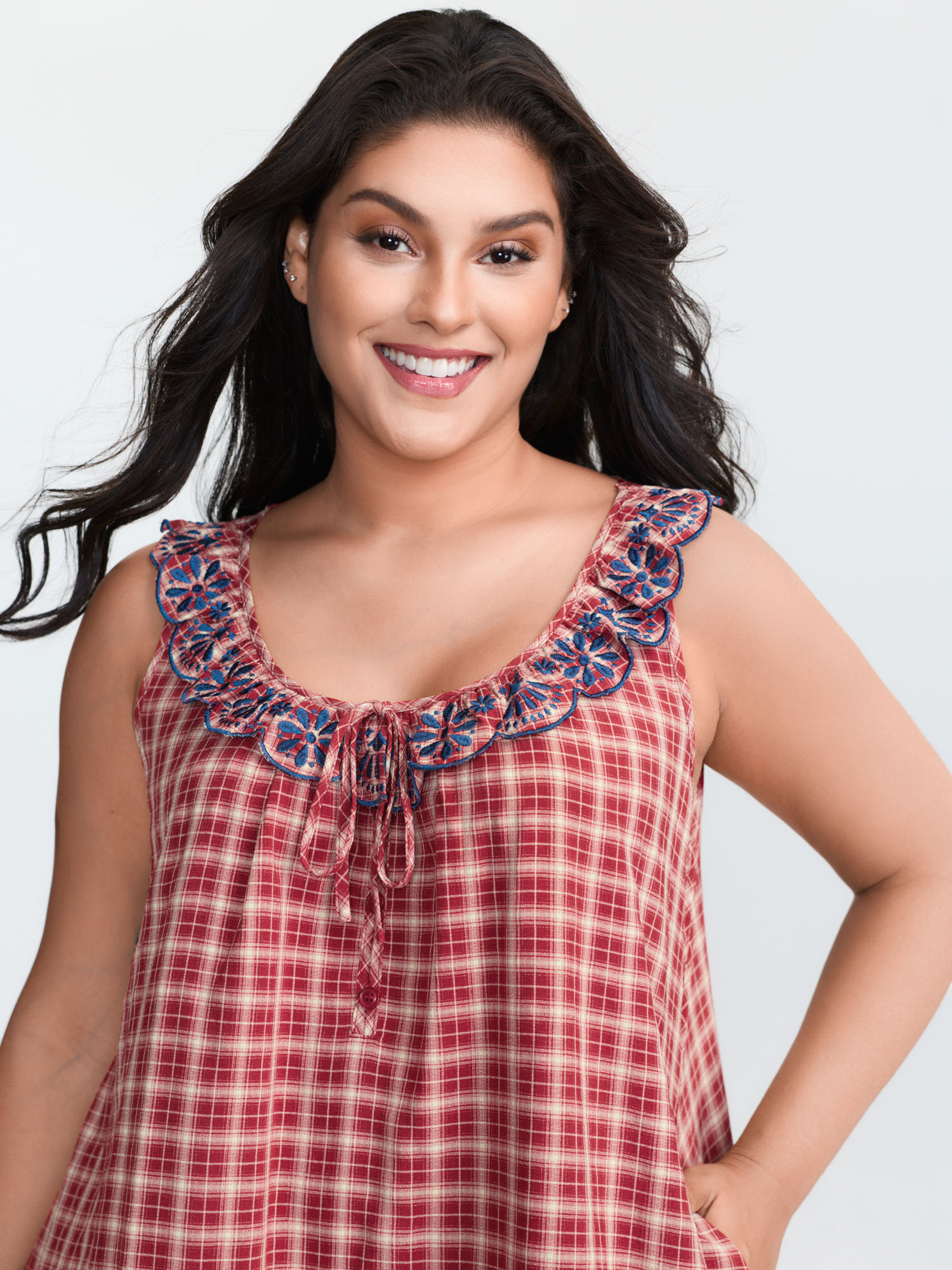 Side view of BloomChic Women's Plus Size Gingham Print Embroidered Neckline Flowy Nightgown Scarlet Tunic 22-24/3X