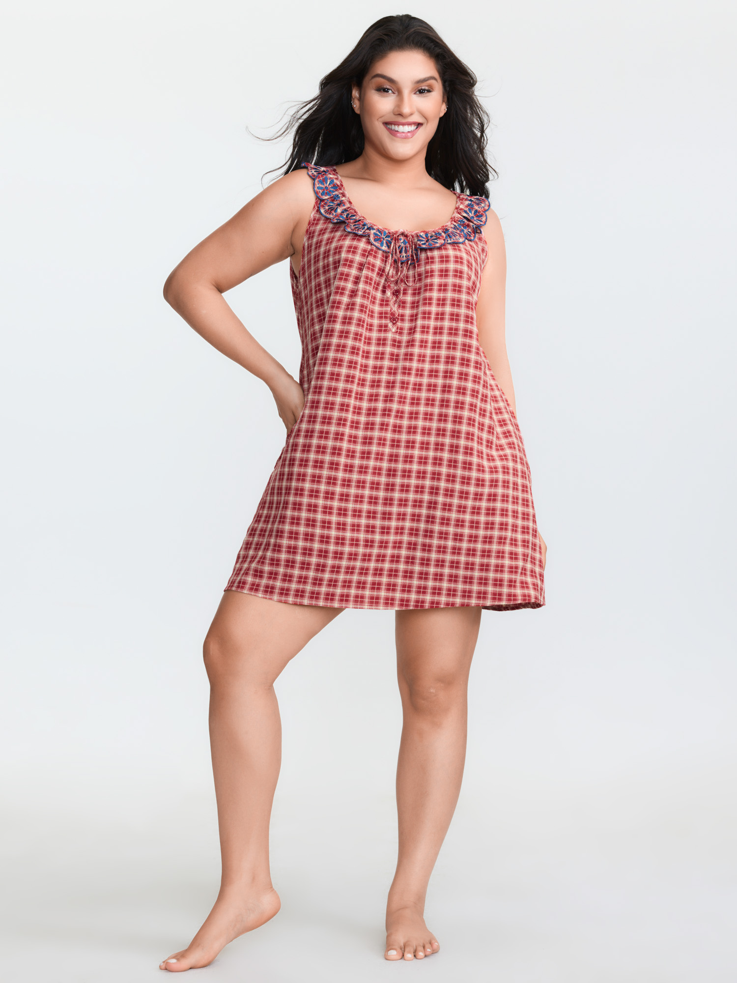 Side view of BloomChic Women's Plus Size Gingham Print Embroidered Neckline Flowy Nightgown Scarlet Tunic 22-24/3X