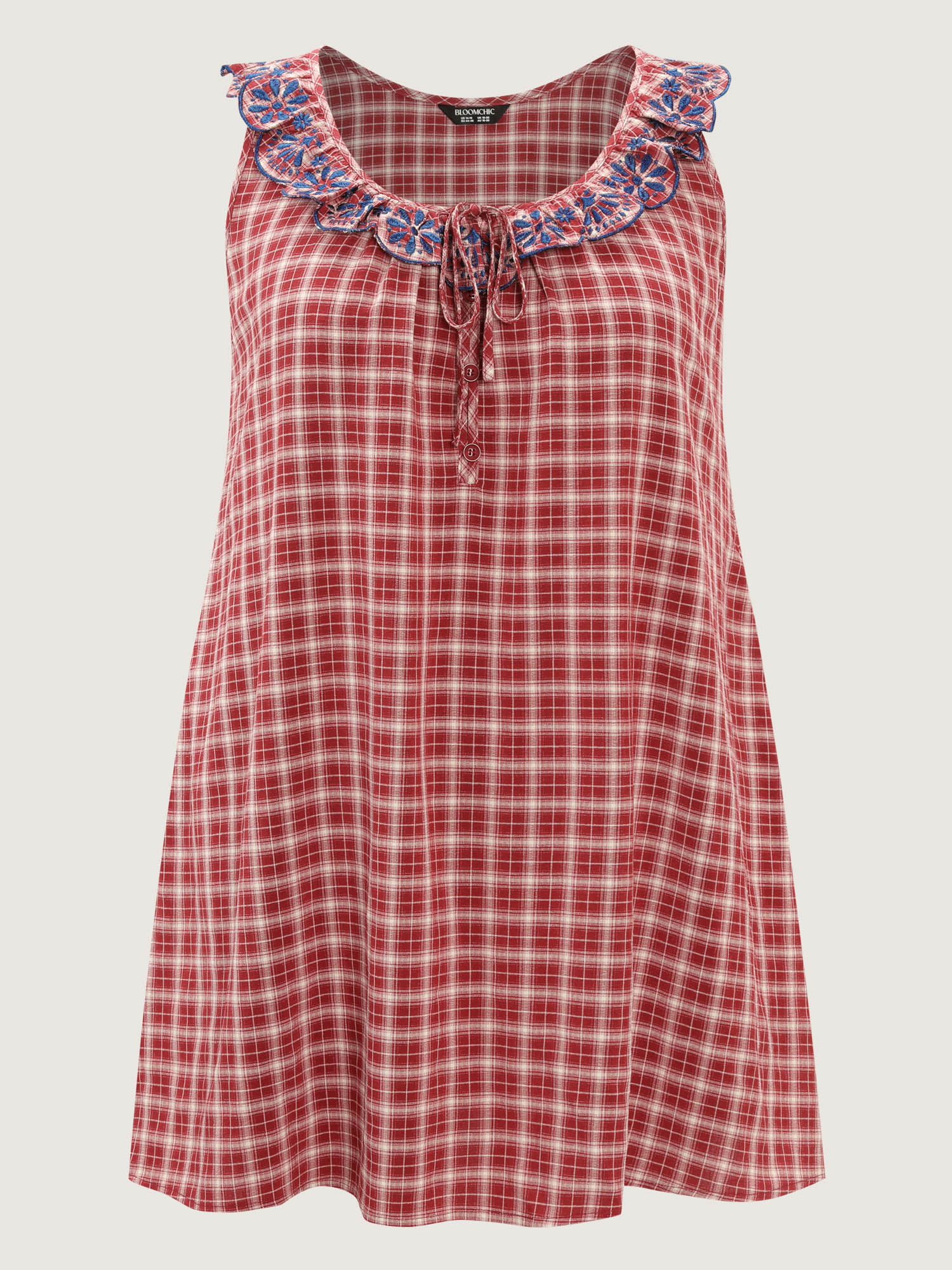 Side view of BloomChic Women's Plus Size Gingham Print Embroidered Neckline Flowy Nightgown Scarlet Tunic 22-24/3X