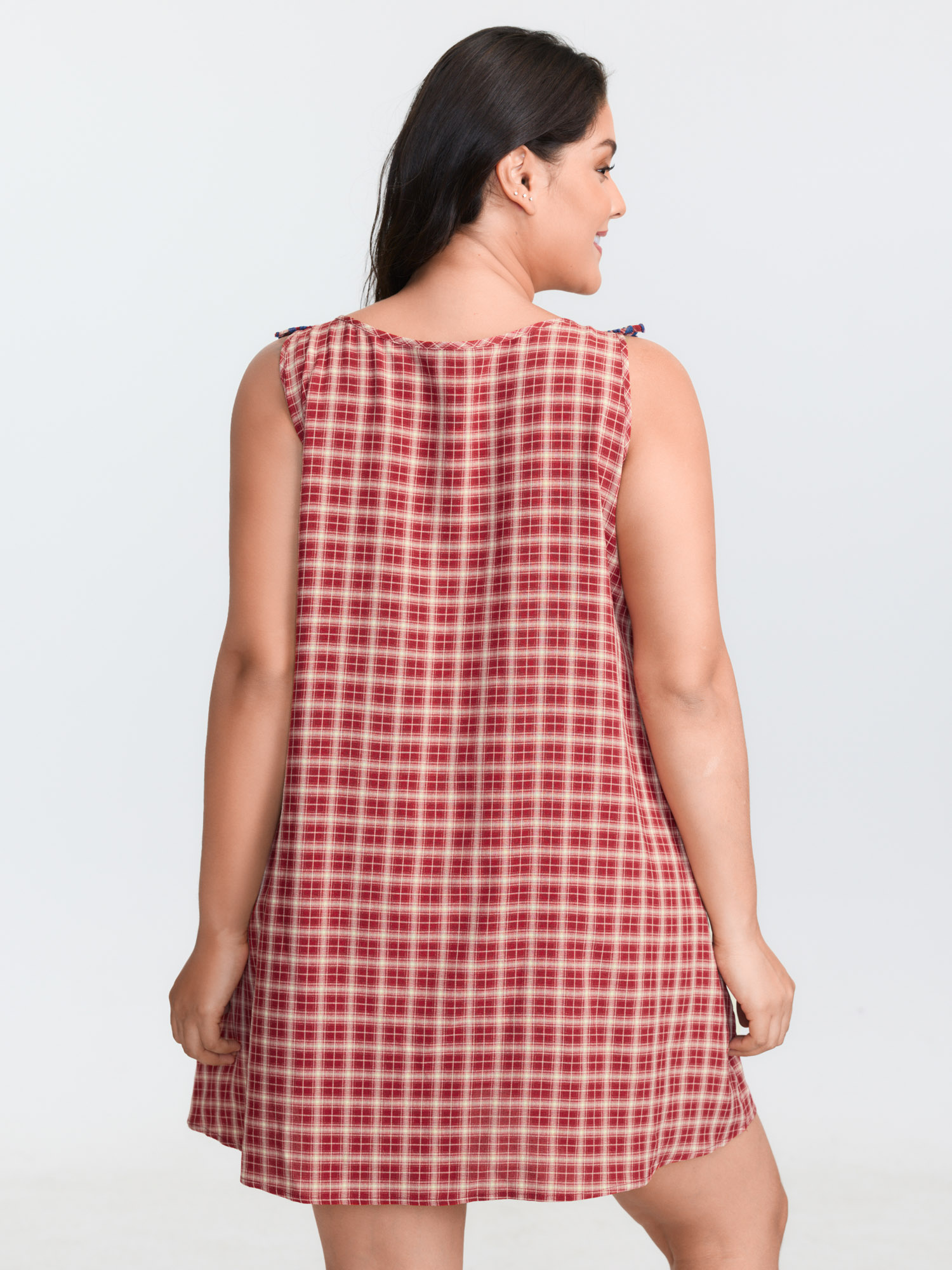 Side view of BloomChic Women's Plus Size Gingham Print Embroidered Neckline Flowy Nightgown Scarlet Tunic 22-24/3X