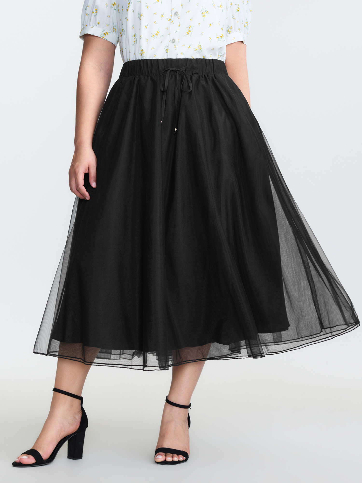 BloomChic Women's Plus Size Stretchy Sheer Drawstring Waist Maxi Dress Black Knotted A-line Everyday-Elegant 12/L