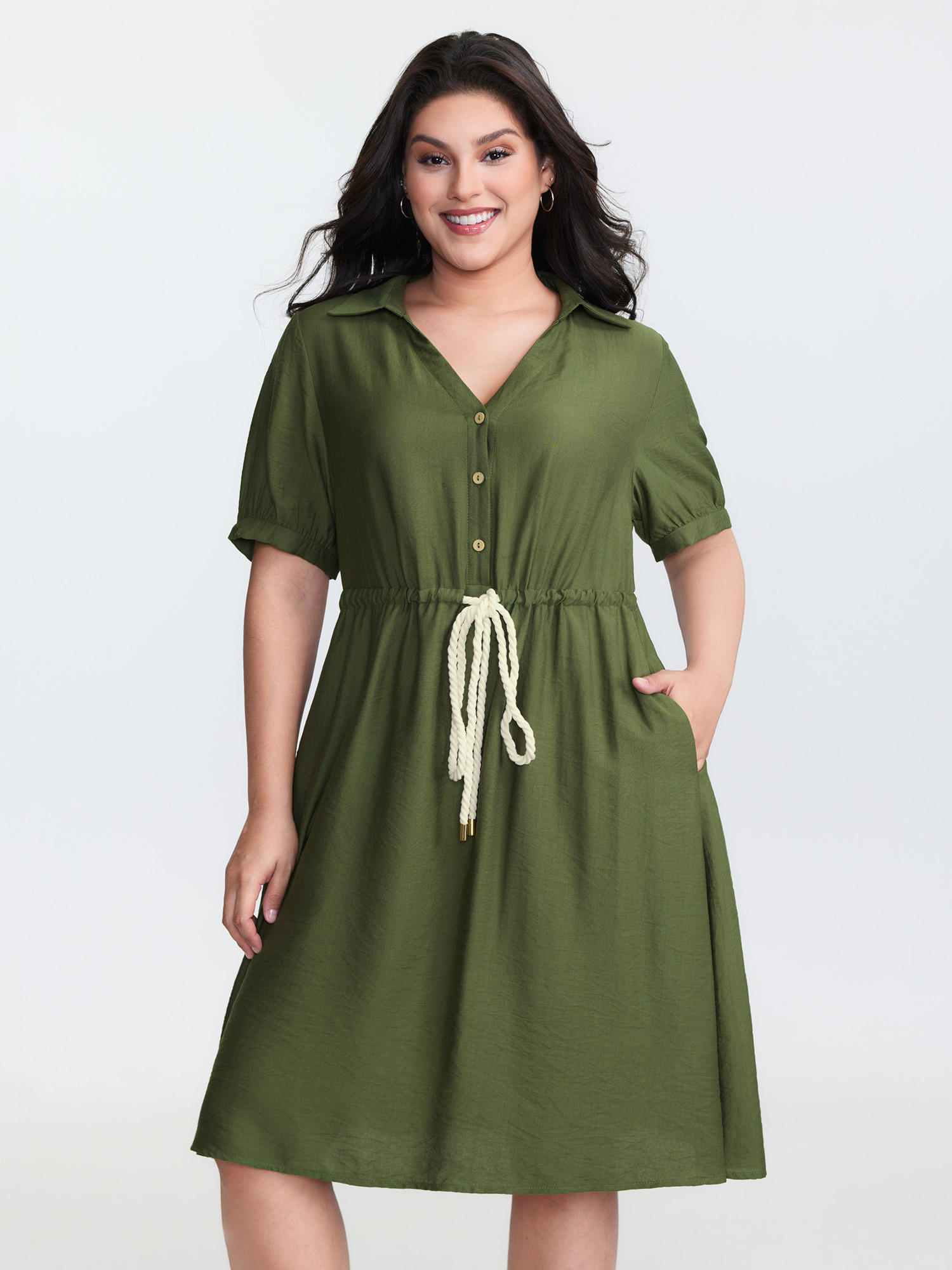 BloomChic Women's Plus Size Rayon Slub Waist-Tie Button Mini Dress Moss Non Knee Everyday-Casual Tie knot 12/L