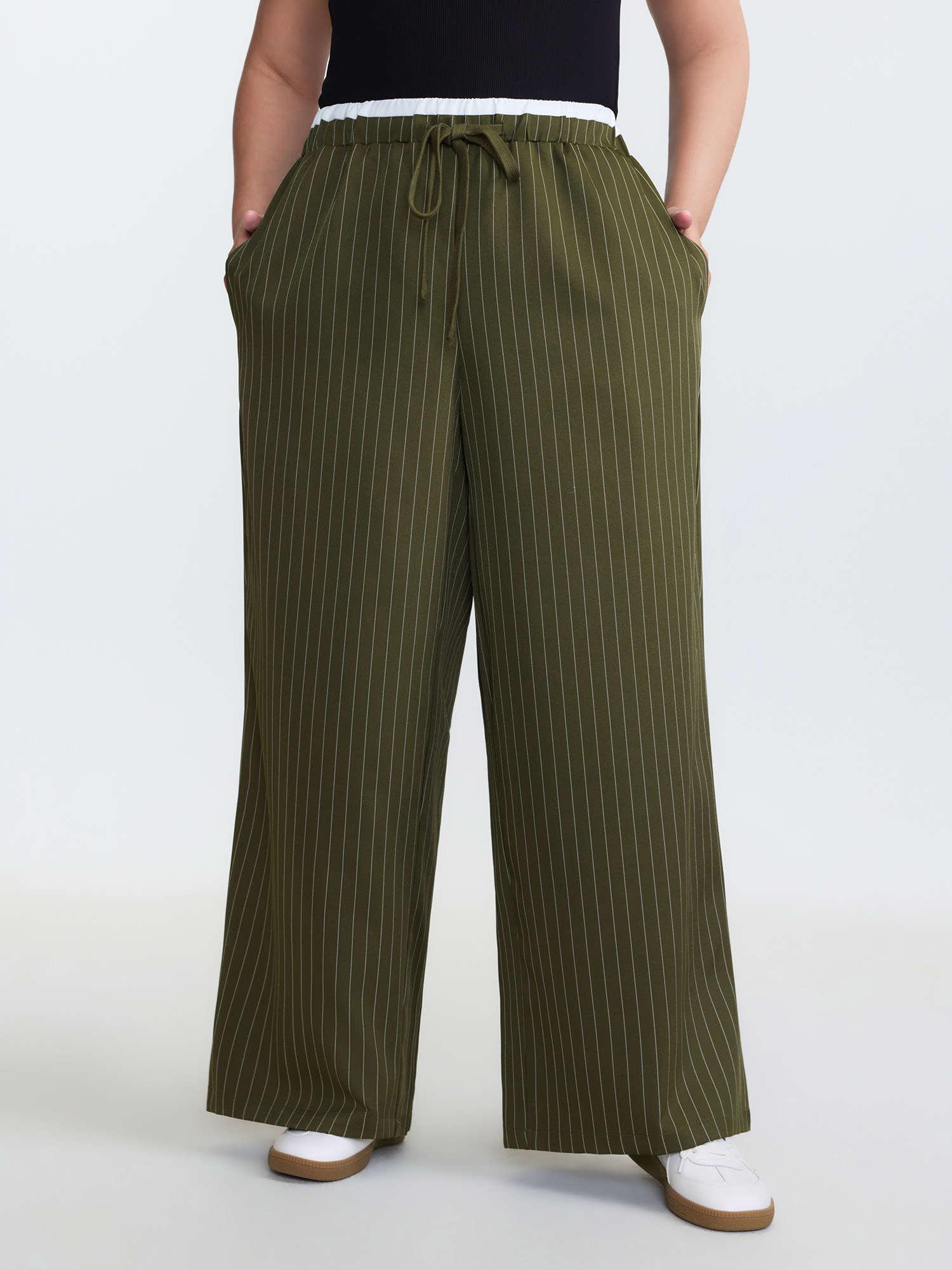 BloomChic Women's Plus Size Drawstring Waist Striped Pants ArmyGreen Stripes Straight fit Mid Rise 26/4X