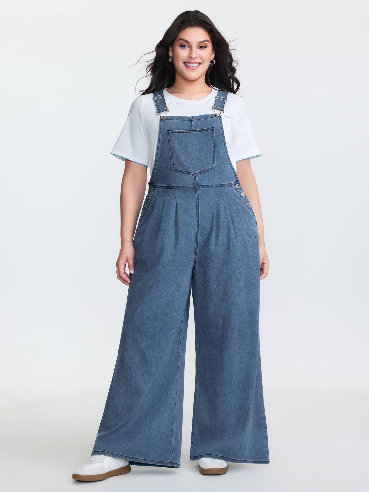 BloomChic Women's Plus Size Stretchy Relaxed-Fit Overall Wide-Leg Jumpsuit Midblue Casual Low stretch 18-20/2X-image-48071766900906
