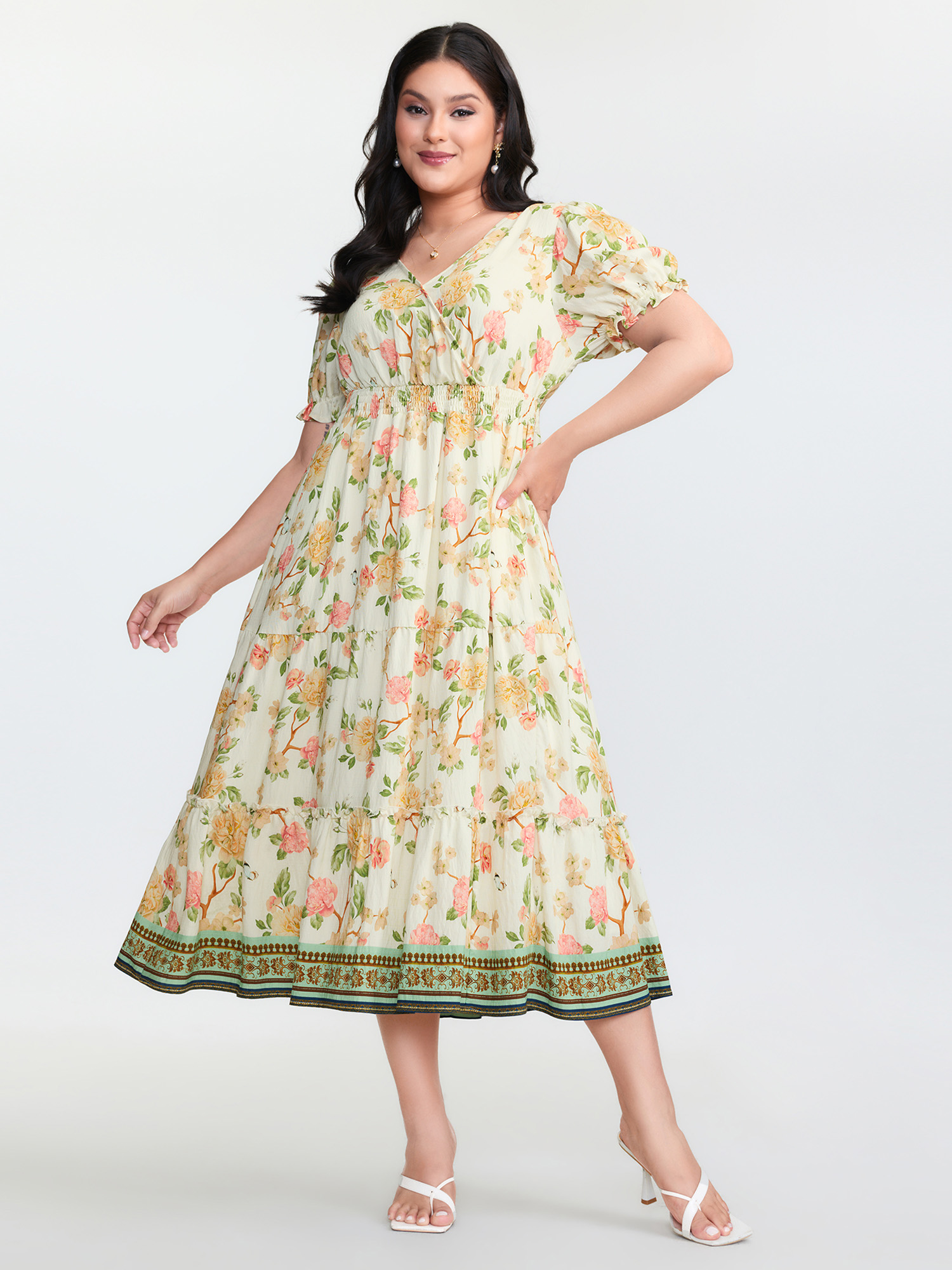 BloomChic Women's Plus Size Floral Print Surplice Neckline Midi Dress Beige Ditsy Floral Midi Everyday-Elegant Colorblock 10/M