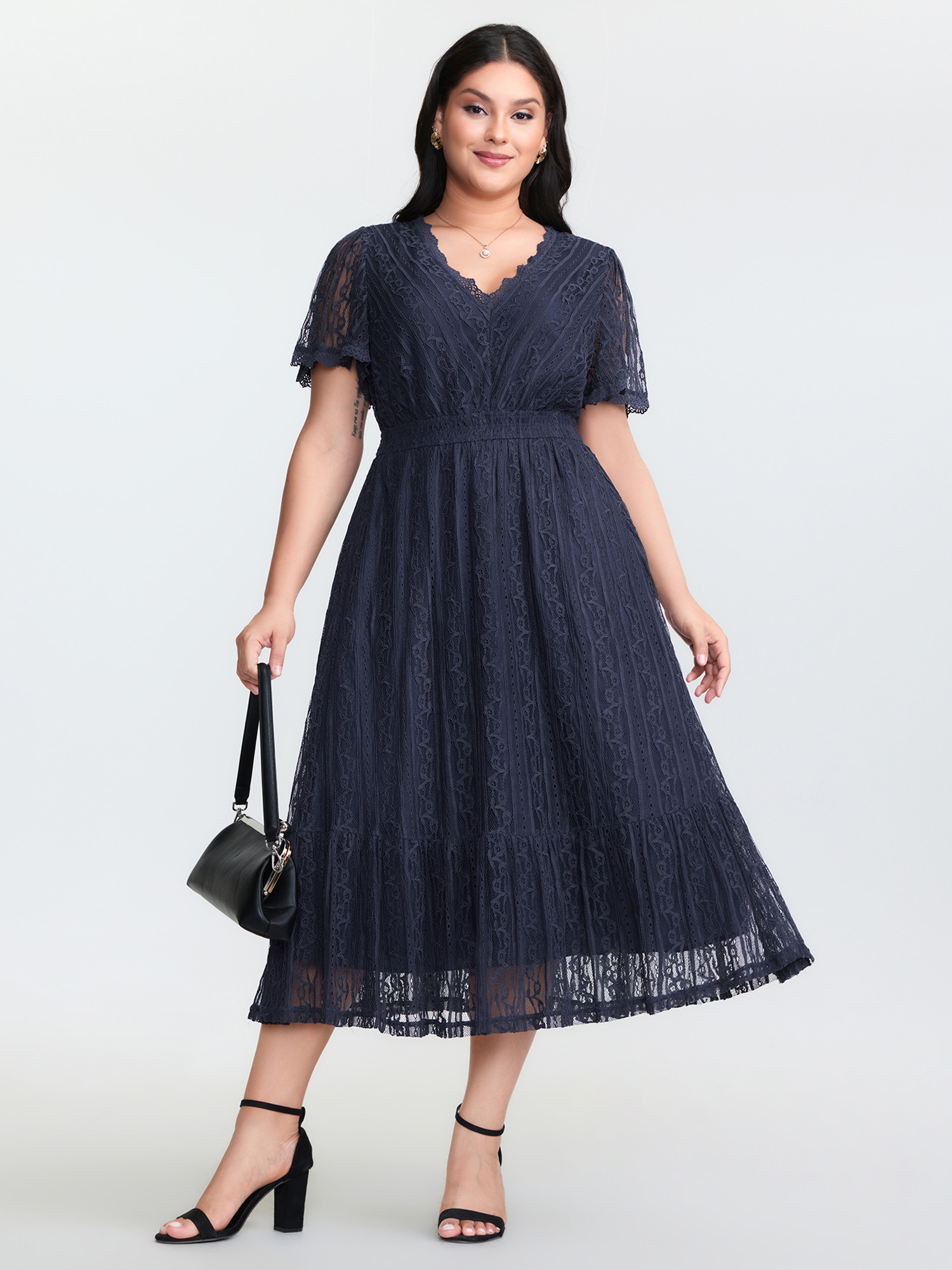 Bloomchic Sheer Lace Trim V-neck Midi Dress In Blue