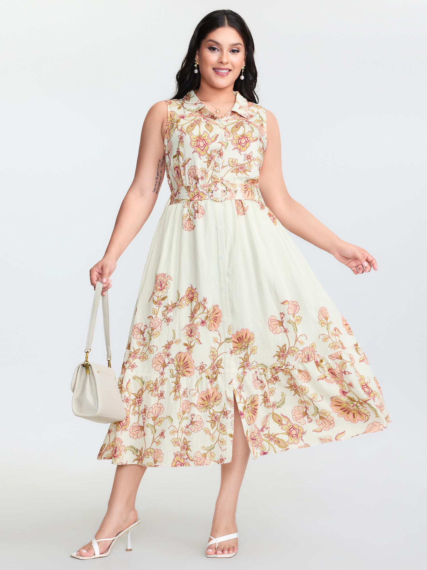 BloomChic Women's Plus Size Soft Floral Print Collar Slit Midi Dress Ivory Ditsy Floral Midi Everyday-Elegant Gathered 12/L