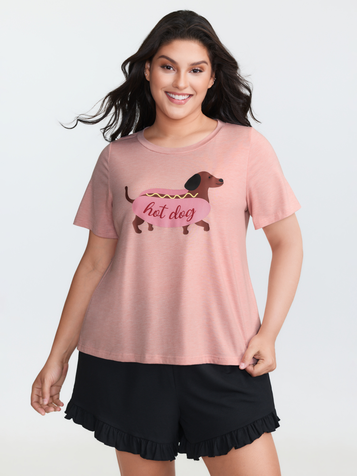 Side view of BloomChic Women's Plus Size Supersoft Hotdog Print Round Neck Pajama Top Lightpink Short sleeve 22-24/3X