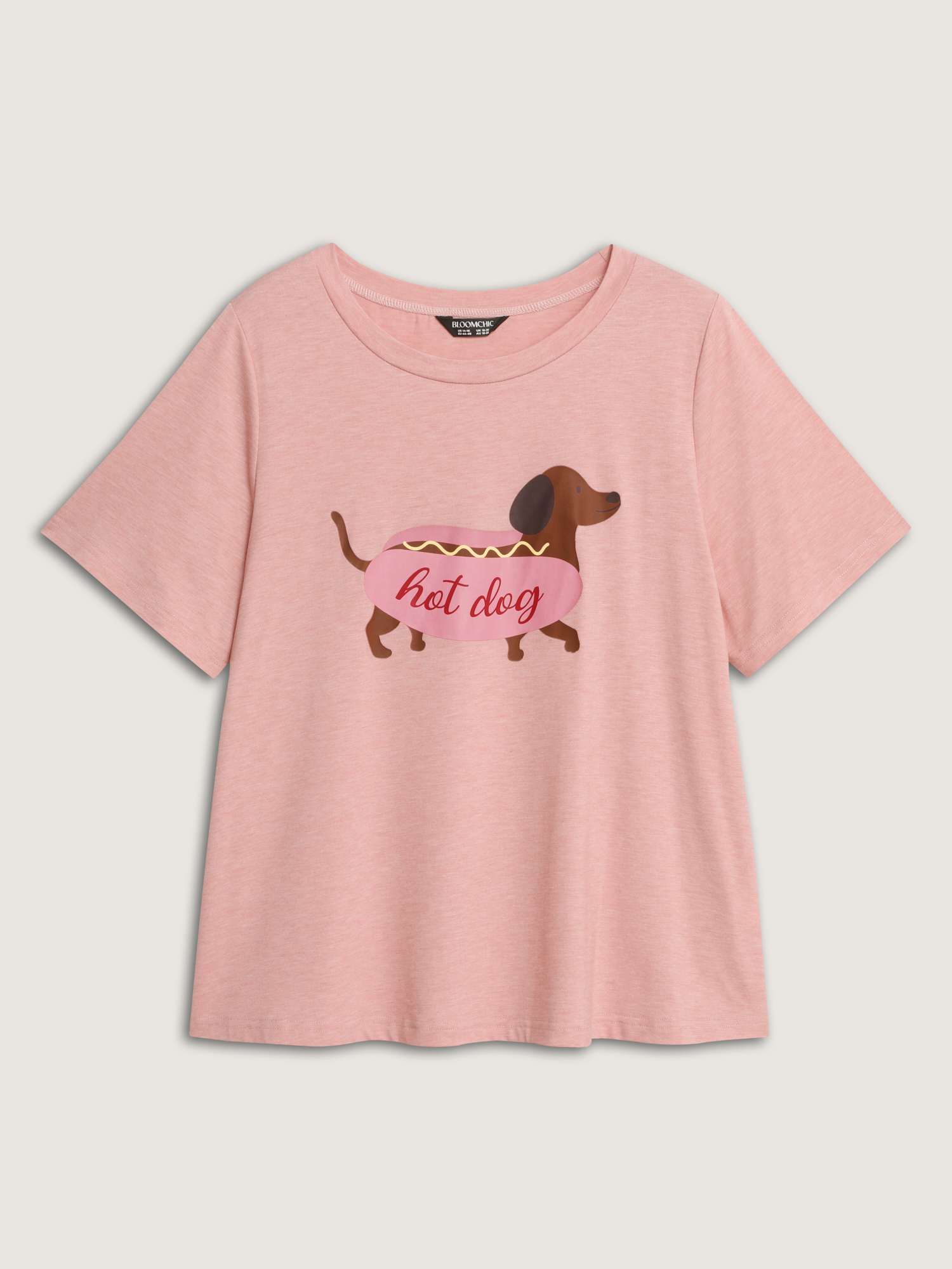 Side view of BloomChic Women's Plus Size Supersoft Hotdog Print Round Neck Pajama Top Lightpink Short sleeve 22-24/3X