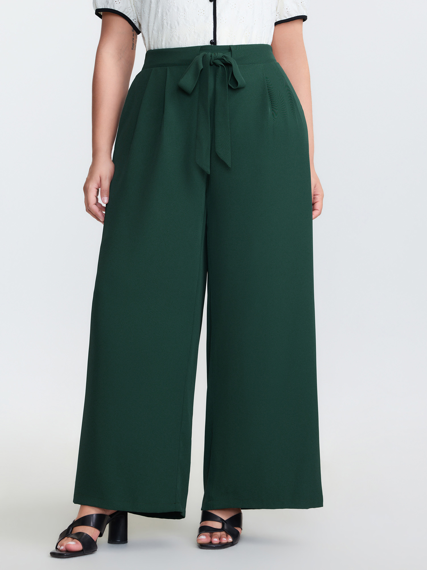 BloomChic Women's Plus Size Stretchy Waist Belted Wide-Leg Pants DarkGreen H-line High Rise 12/L