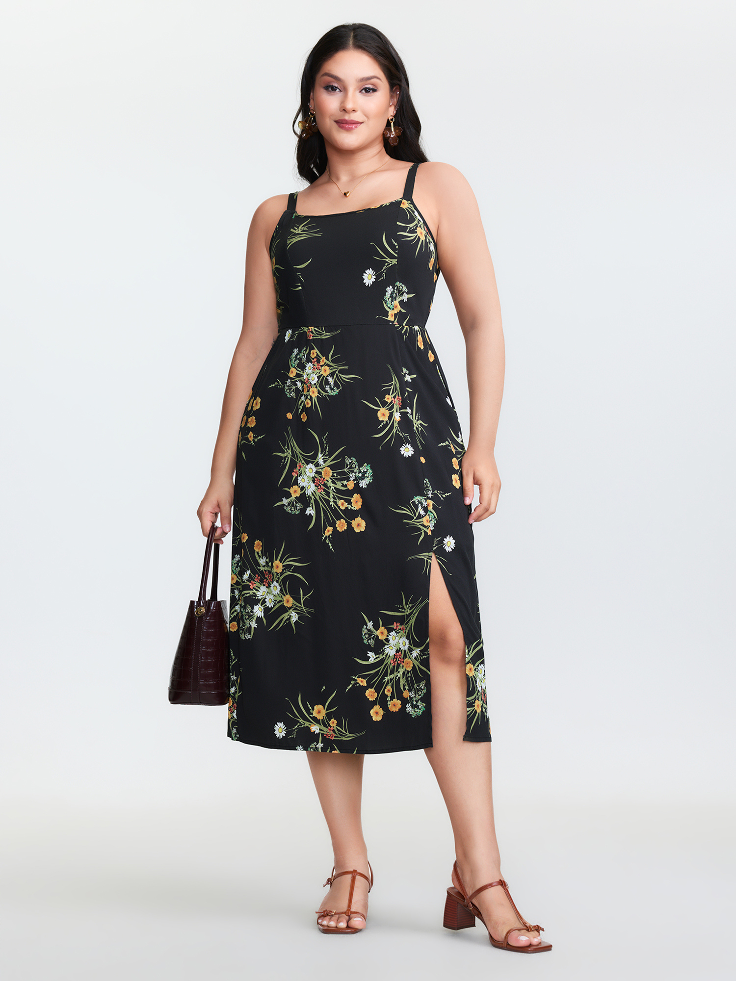 BloomChic Women's Plus Size Large Floral Print Slit Shirred Midi Dress BlackFlower Floral Midi Everyday-Elegant Gathered 22-24/3X