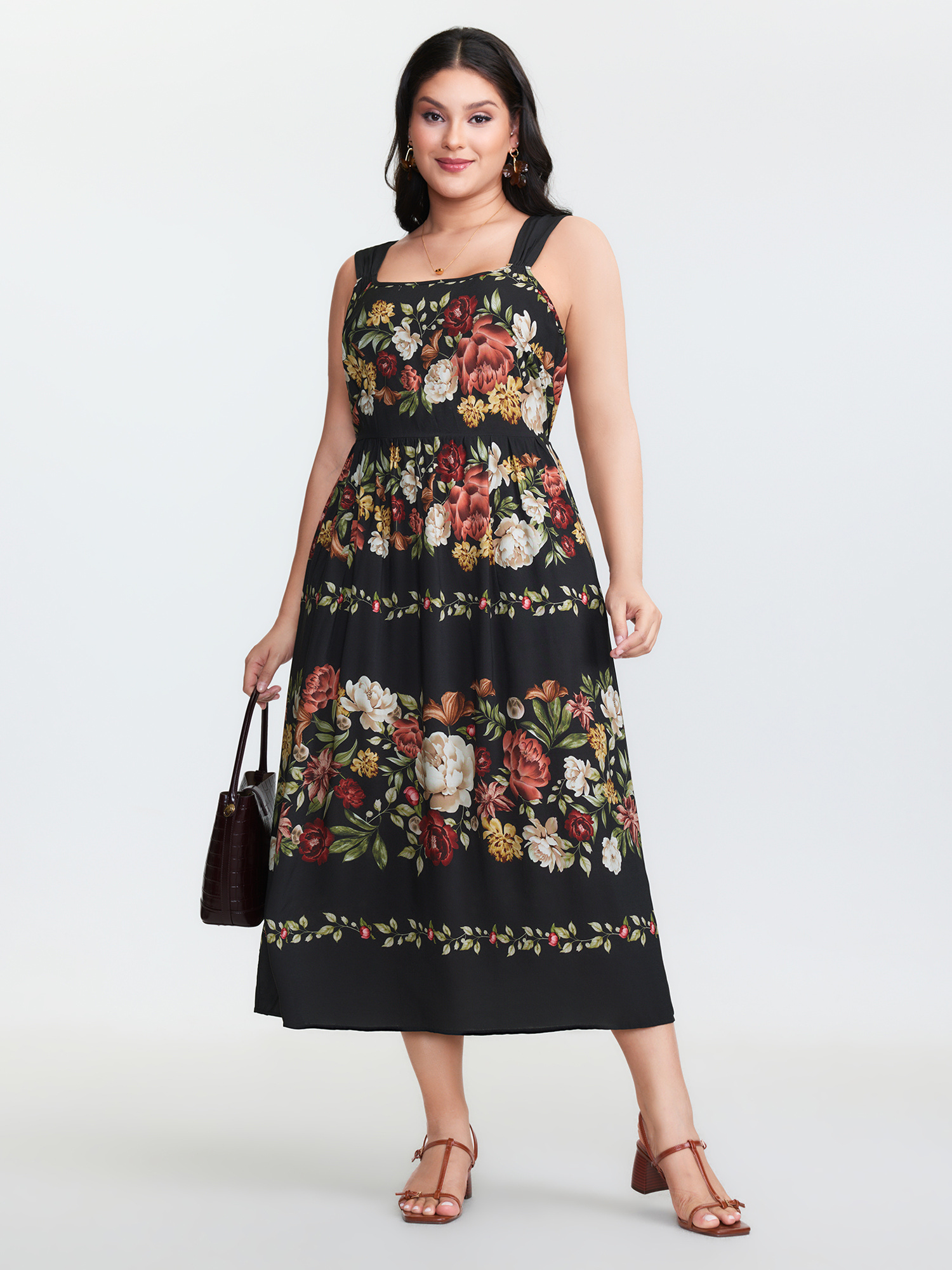 BloomChic Plus Size Blooming Florals Shirred Pockets Maxi Dress - Curve Ladies BlackFlower Elegant Sleeveless Ditsy Floral Side seam pocket Daily Dresses 16/L