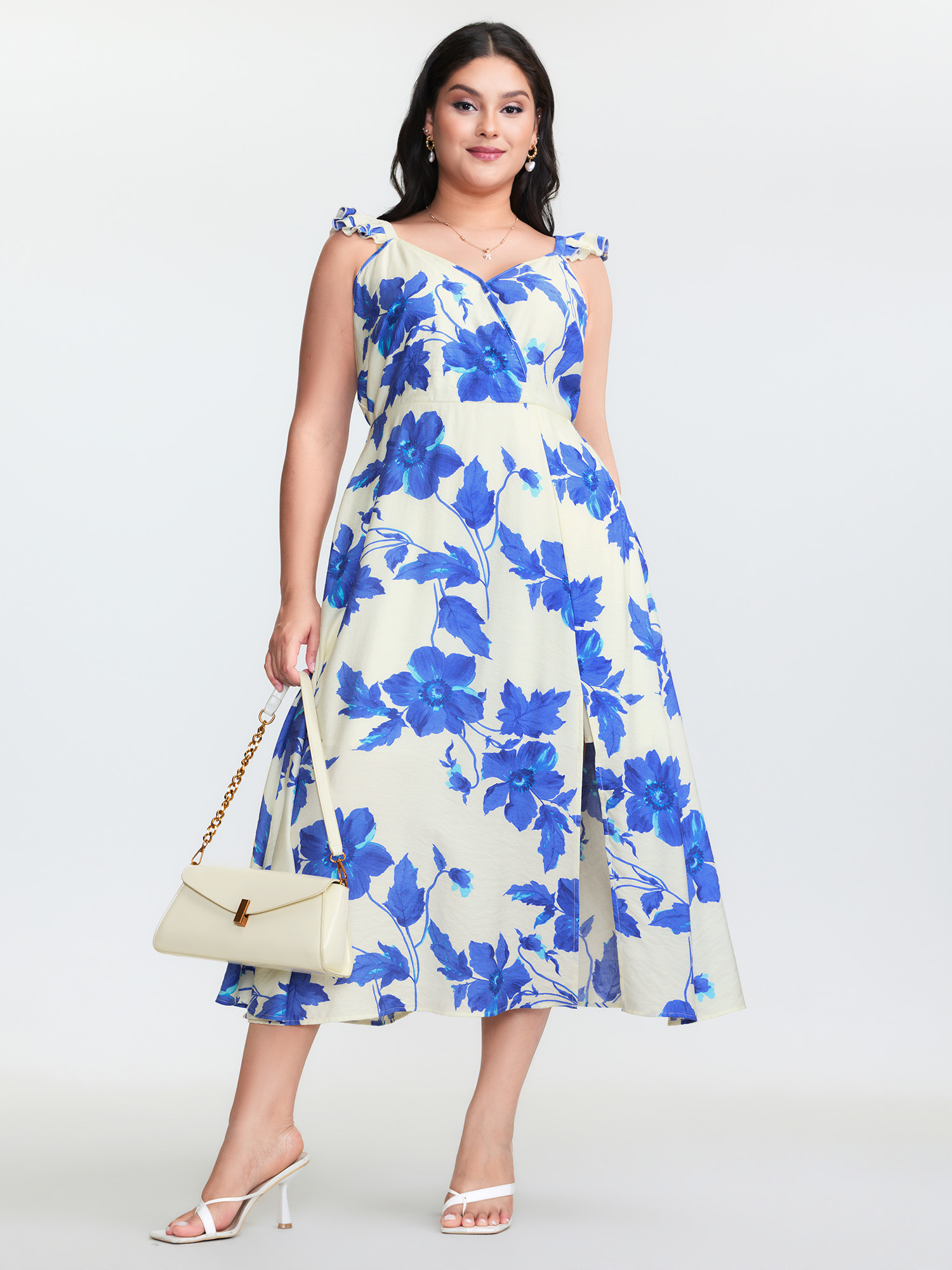 BloomChic Women's Plus Size Floral Print Flutter Sleeve Cinched-Waist Midi Dress Bluepurple Floral Midi Everyday-Elegant Overlapping 22-24/3X