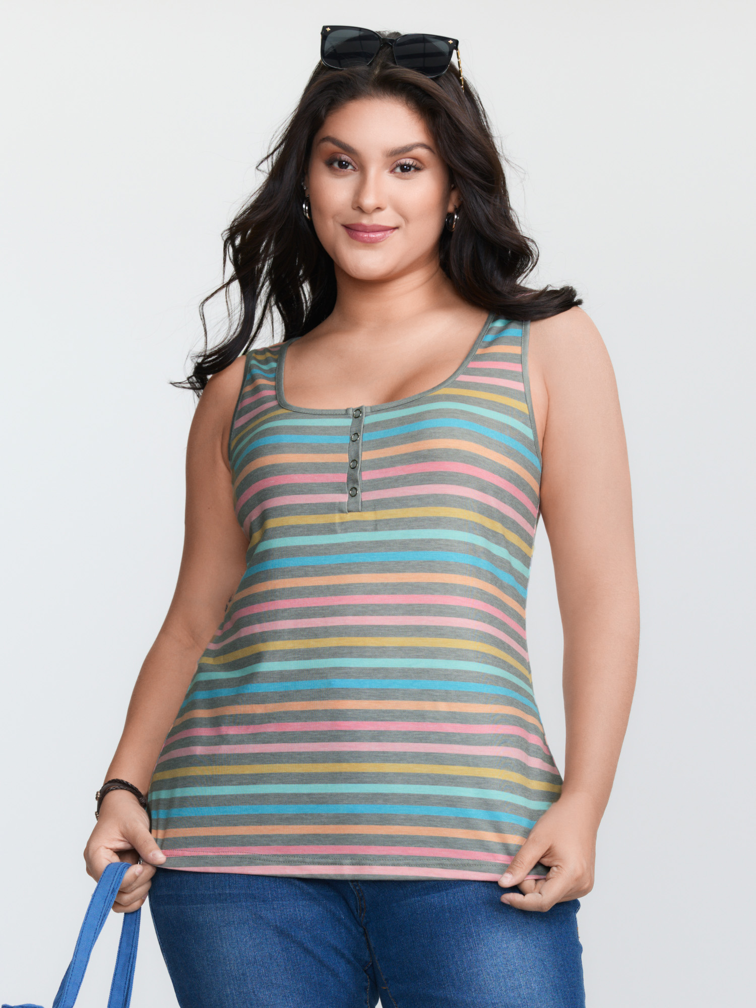 BloomChic Women's Plus Size Supersoft Colorful Stripes Scoop Neck Tank Top Mediumgray Everyday-Casual 10/M