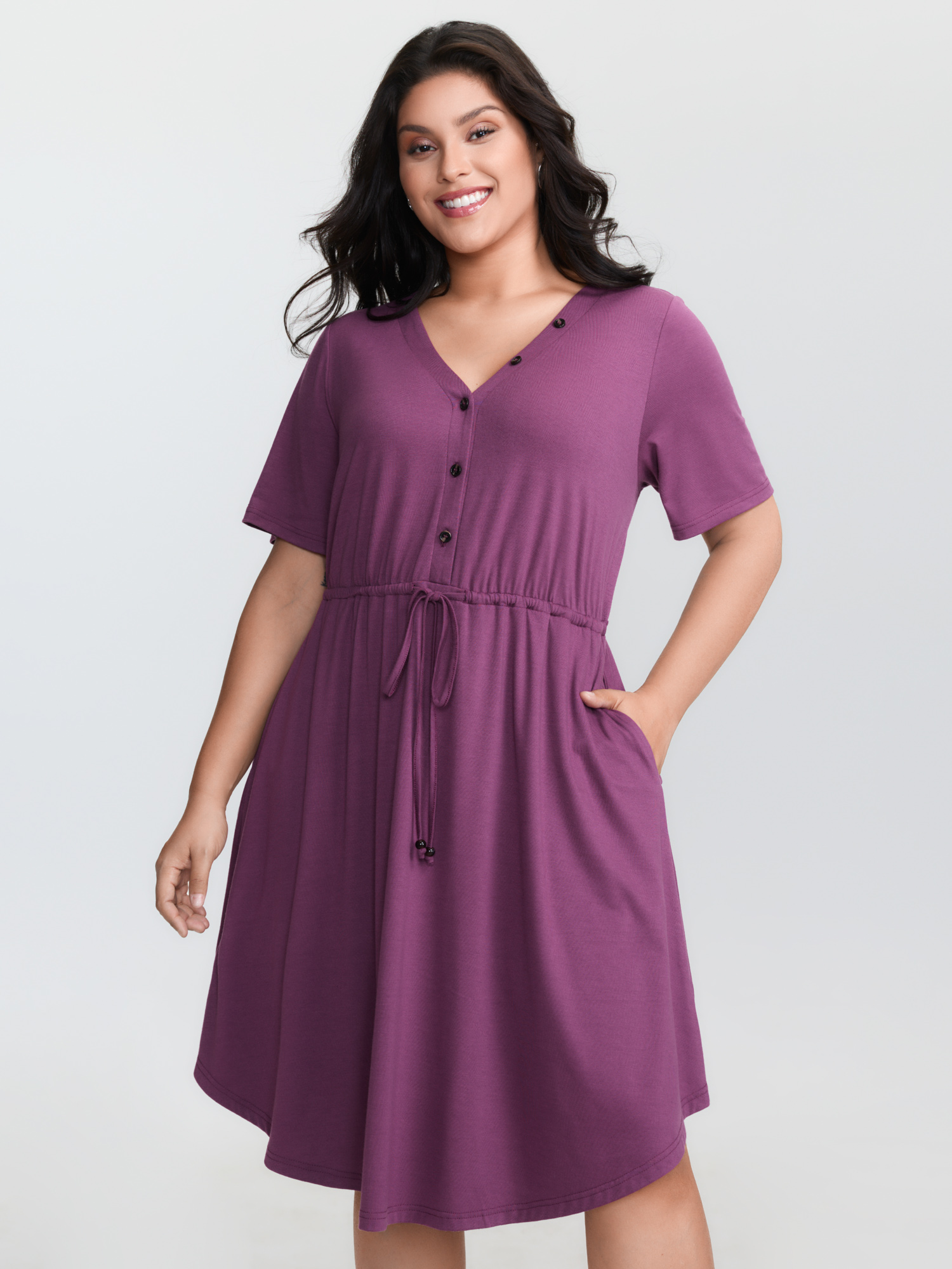 BloomChic Women's Plus Size Supersoft Drawstring Waist Button Placket Mini Dress Deeppurplered Solid Tunic Everyday-Casual Drawstring 10/M