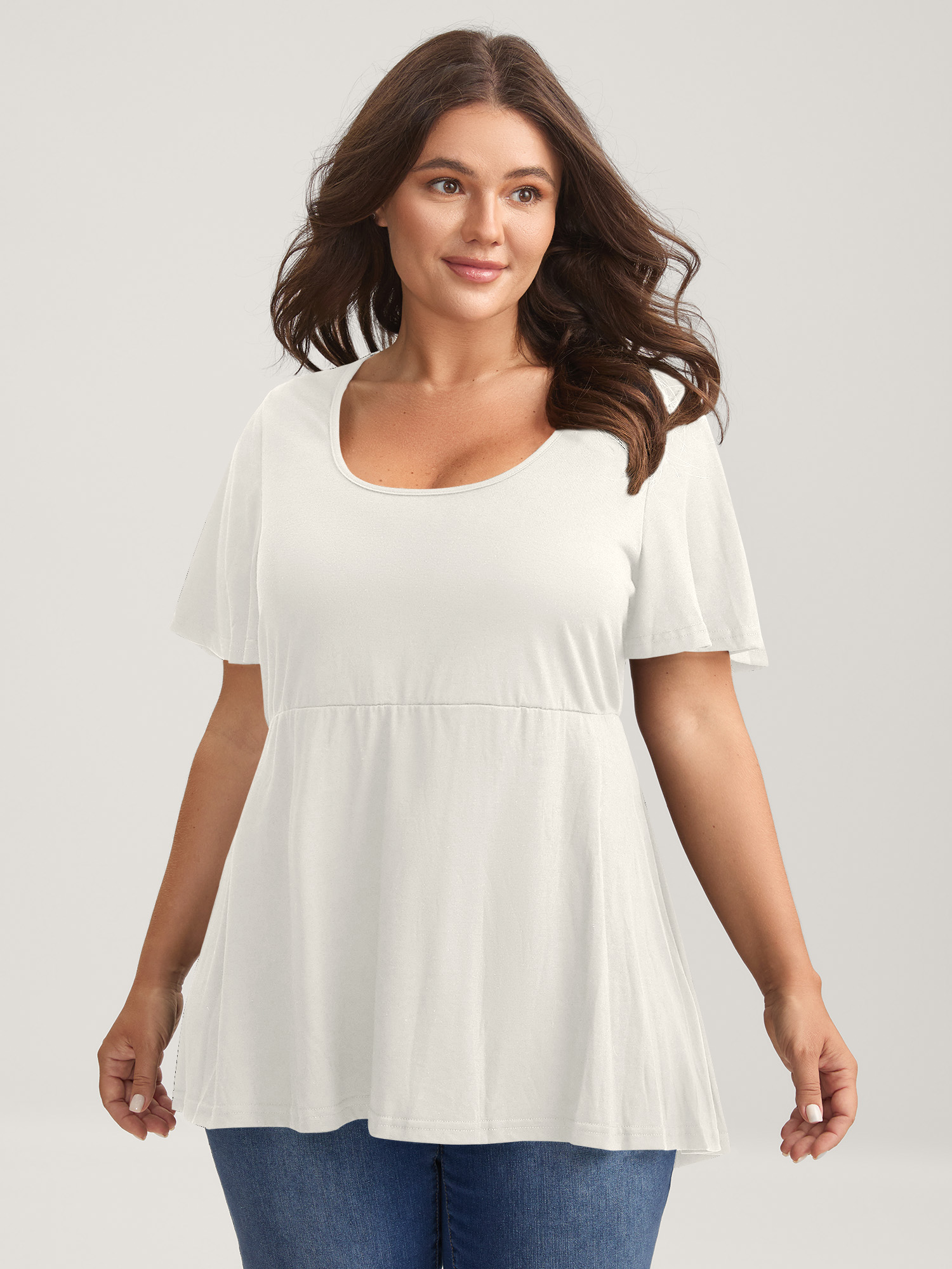 BloomChic Women's Plus Size Ruffled Sleeve Round Neck Babydoll Top Stalactite Short sleeve Everyday-Casual U-Neck 10/M
