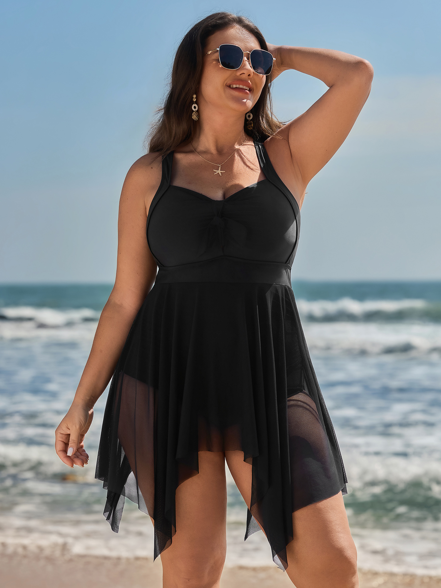 BloomChic Women's Plus Size Mesh Knotted Front Adjustable Swim Dress Black Non Tie knot Adaptive-Fit 10/M