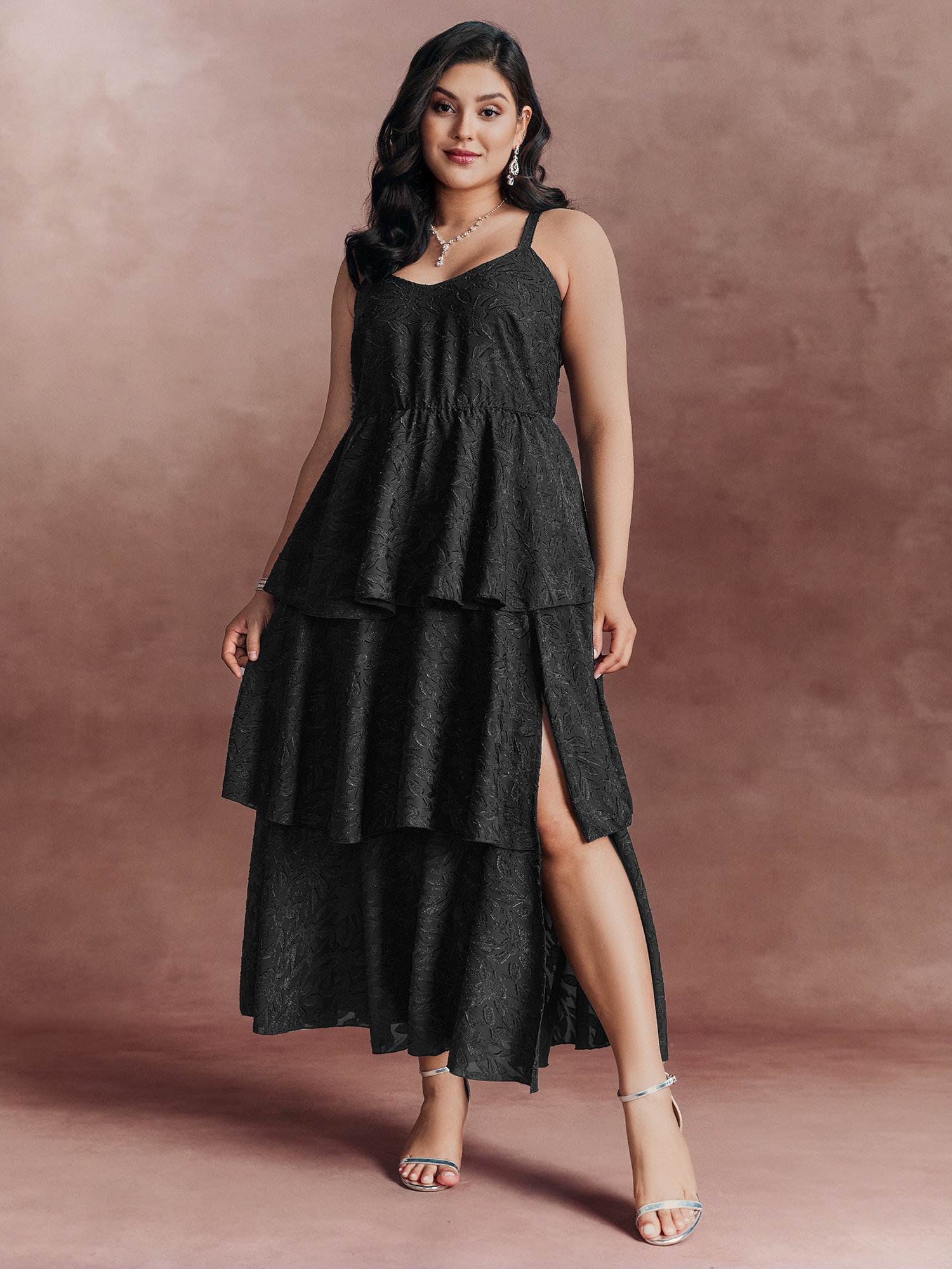 BloomChic Plus Size Sensational Jacquard Tiered Slit Maxi Dress - Curve Ladies Black Formal Sleeveless Synthetic texture Side seam pocket Daily Dresses 14/M