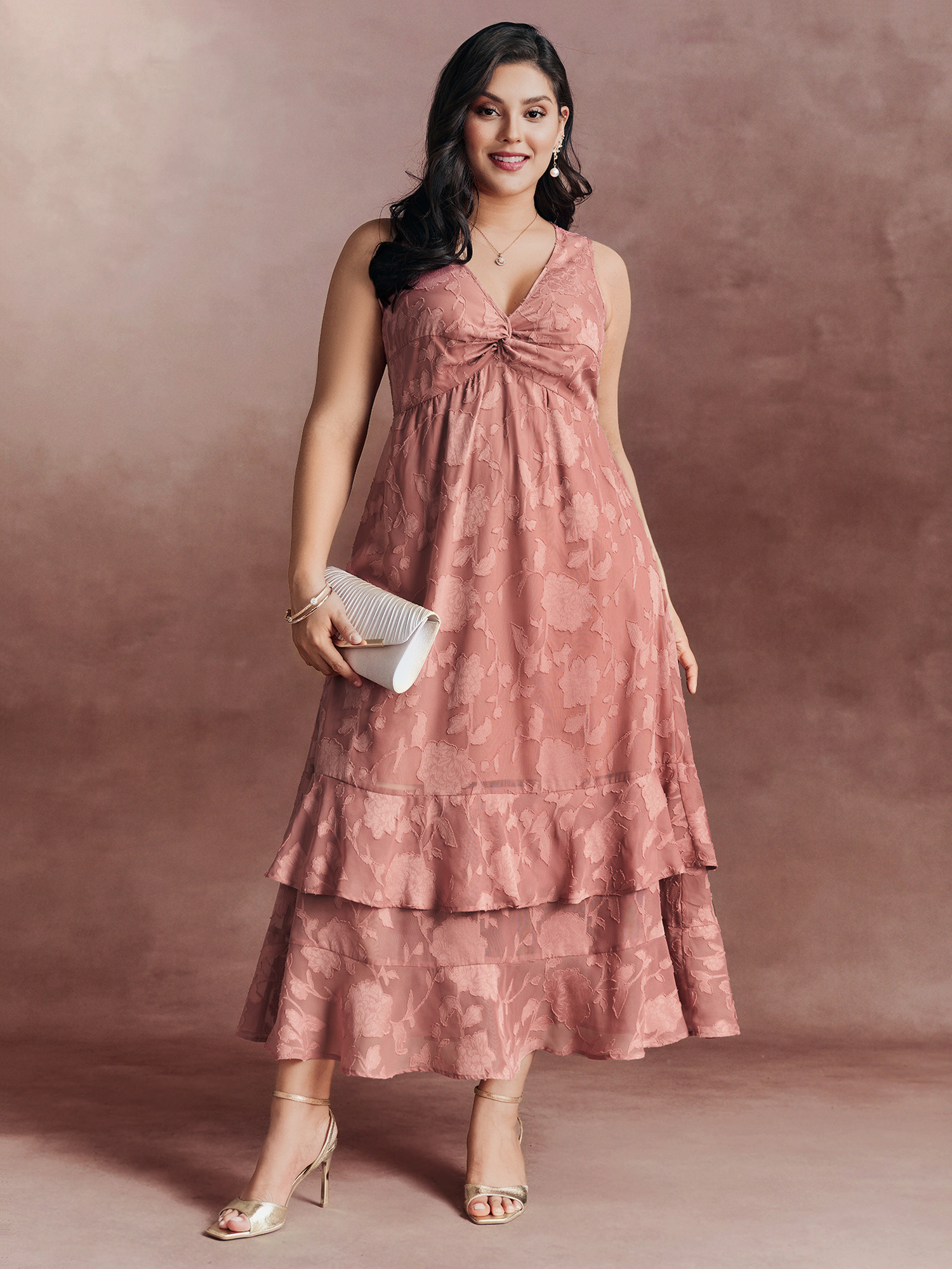 BloomChic Plus Size Floral Charm Twist-Front Jacquard Maxi Dress - Curve Ladies Zephyr Formal Sleeveless Side seam pocket Daily Dresses 14/M