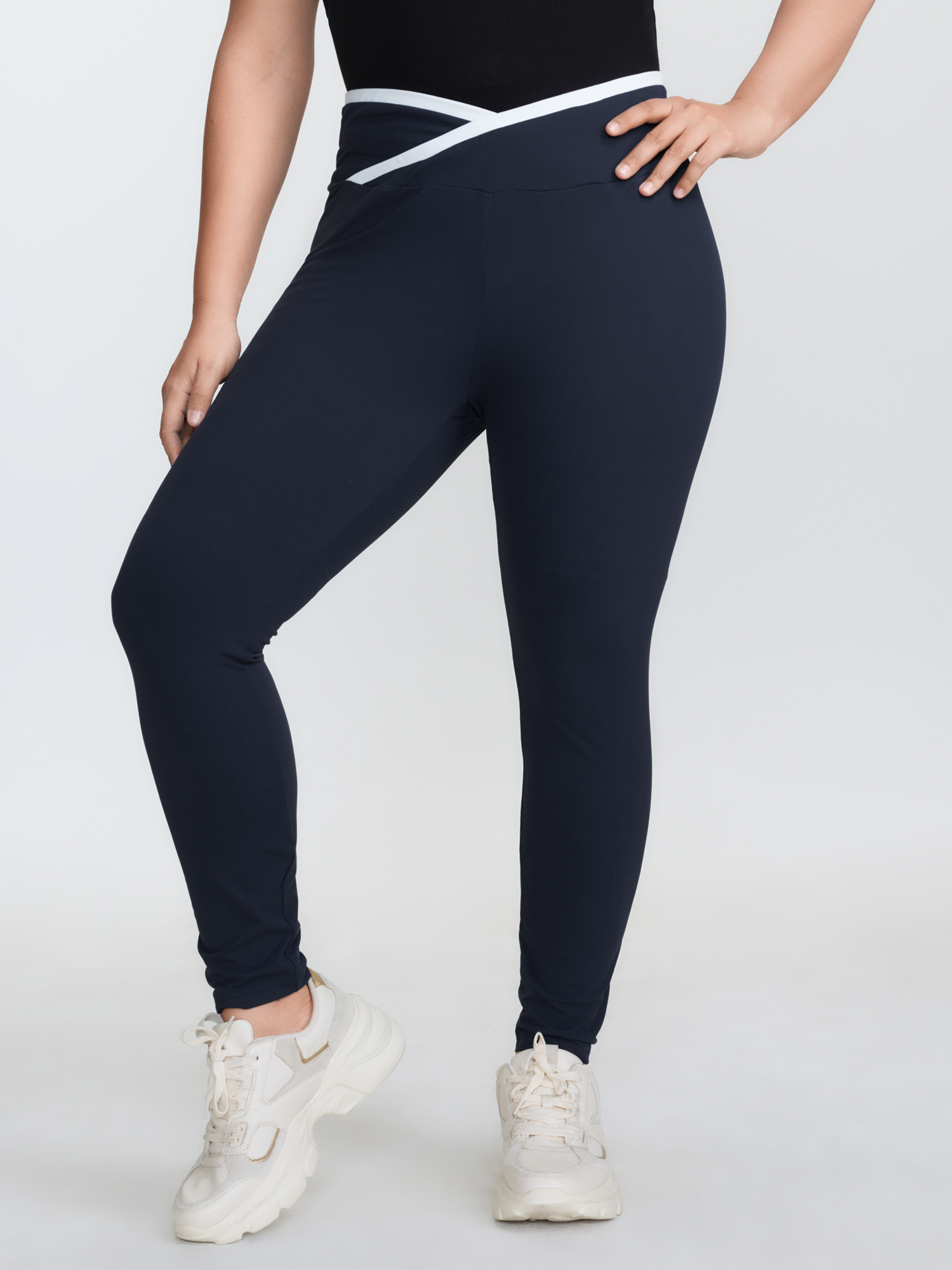 BloomChic Women's Plus Size Color Contrast Overlap Waist Leggings Indigo High stretch High Rise 12/L