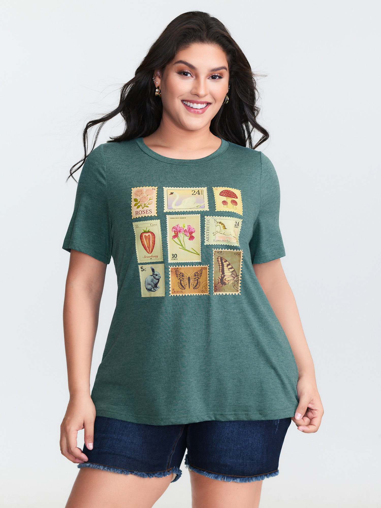 BloomChic Plus Size Supersoft Vintage Stamps Print T-Shirt - Women's Teal Solid Round Neck Comfort Midsection Fit Long Sleeve Playful T-shirts 26-28/3X