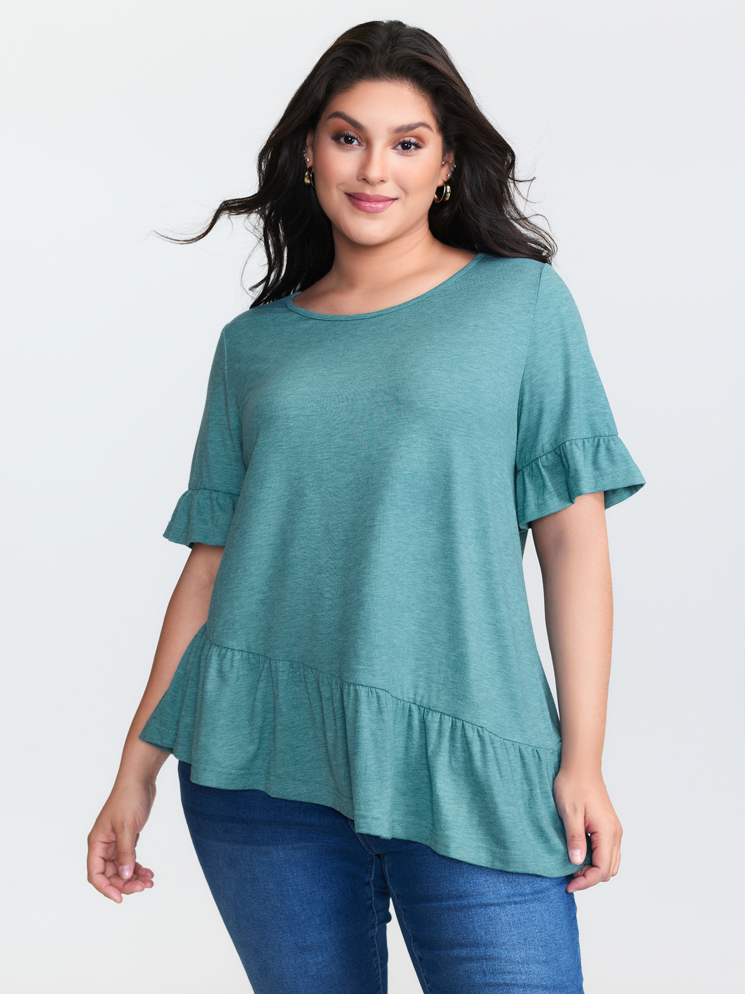 BloomChic Women's Plus Size Supersoft Stretchy Ruffled Hem Plain Knit Top Canton Short sleeve Everyday-Casual 12/L
