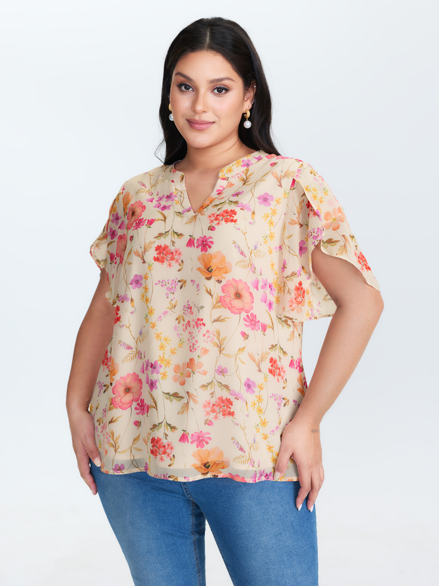 BloomChic Plus Size Sweet Floral Print Petal Sleeve Blouse - Women's Apricot Ditsy Floral Short sleeve Elegant Blouses 14/M