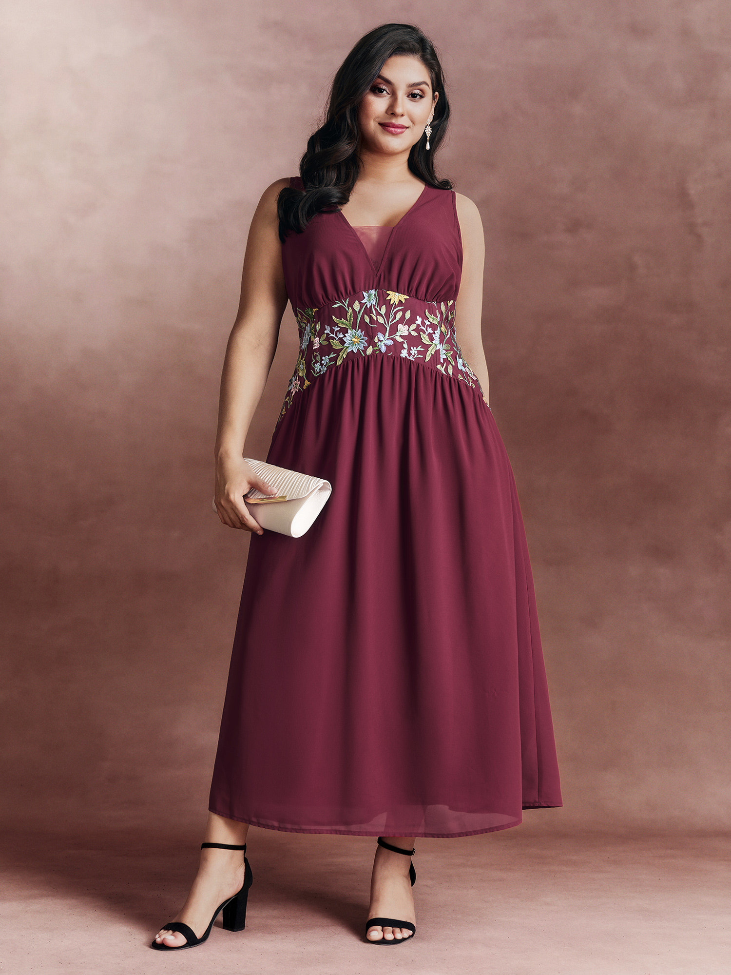 BloomChic Women's Plus Size Floral Embroidered V-Neck Sleeveless Maxi Dress Rhododendron Maxi Occasion Embroidered 14-16/1X
