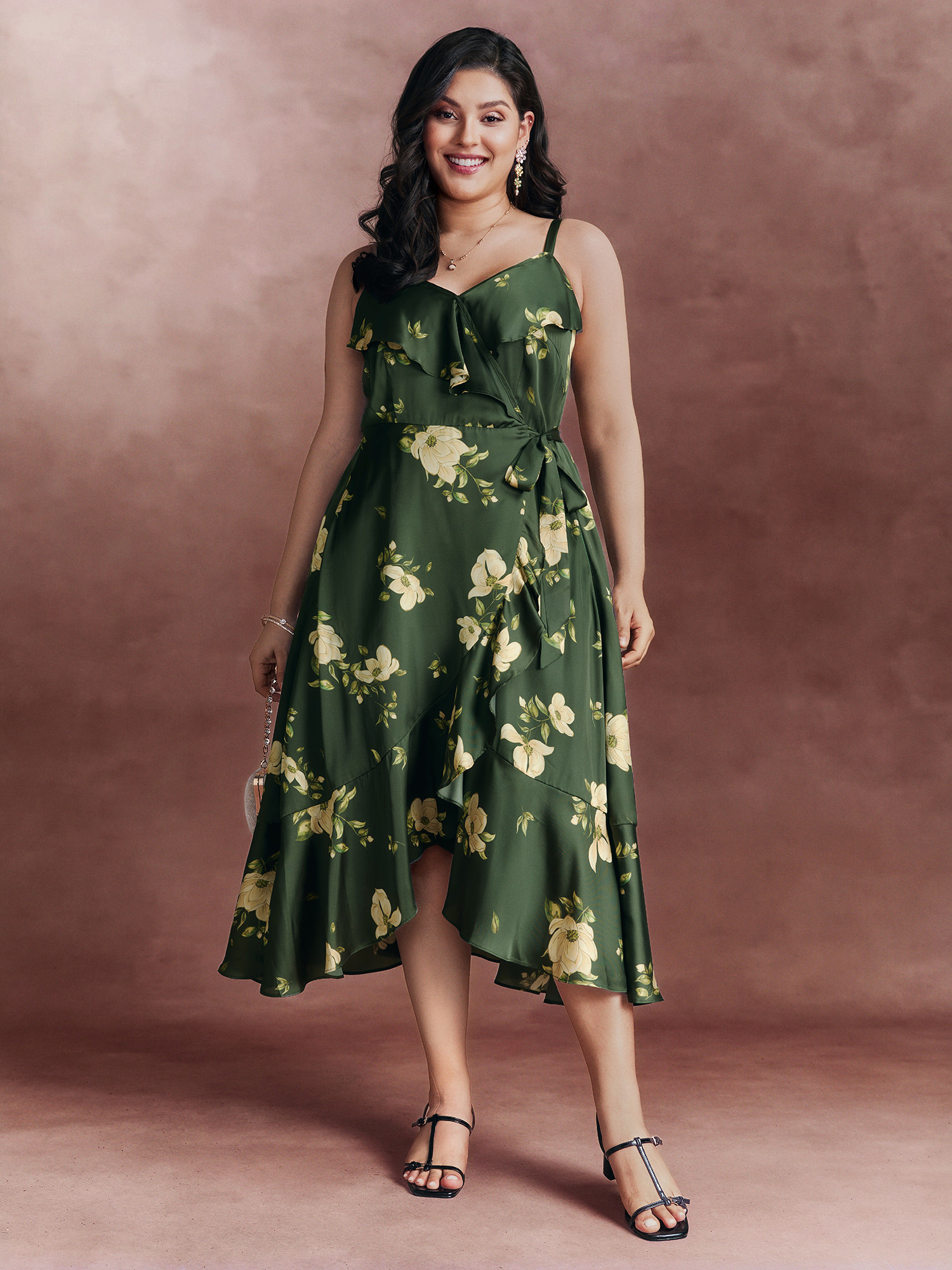 BloomChic Women's Plus Size Floral Ruffled Wrap High-Low Hem Midi Dress Truegreen Floral Midi Occasion Overlapping 10/M
