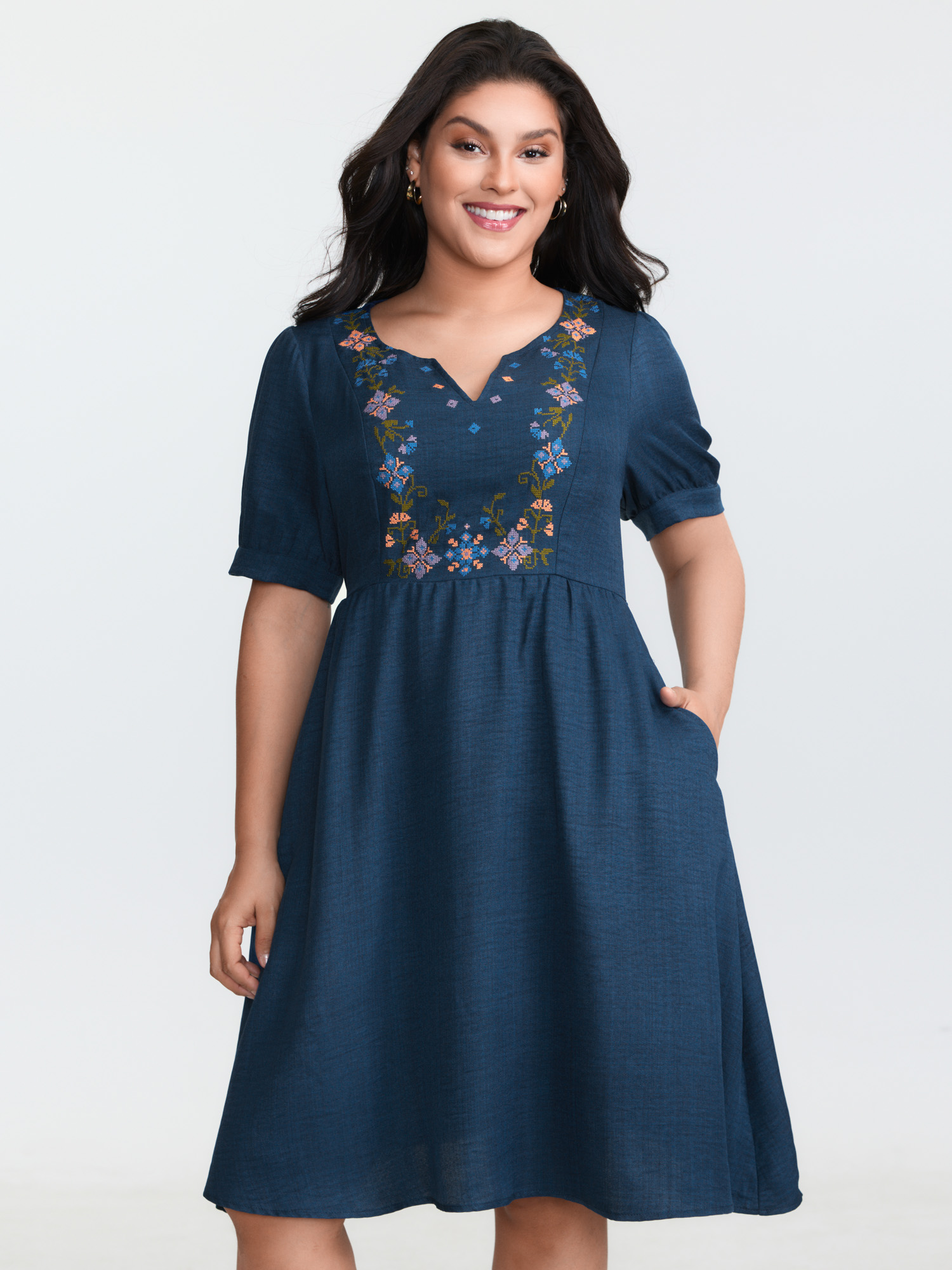 BloomChic Women's Plus Size Floral Embroidered Neckline Textured Mini Dress Estate Blue Floral Knee Everyday-Casual Embroidered 10/M