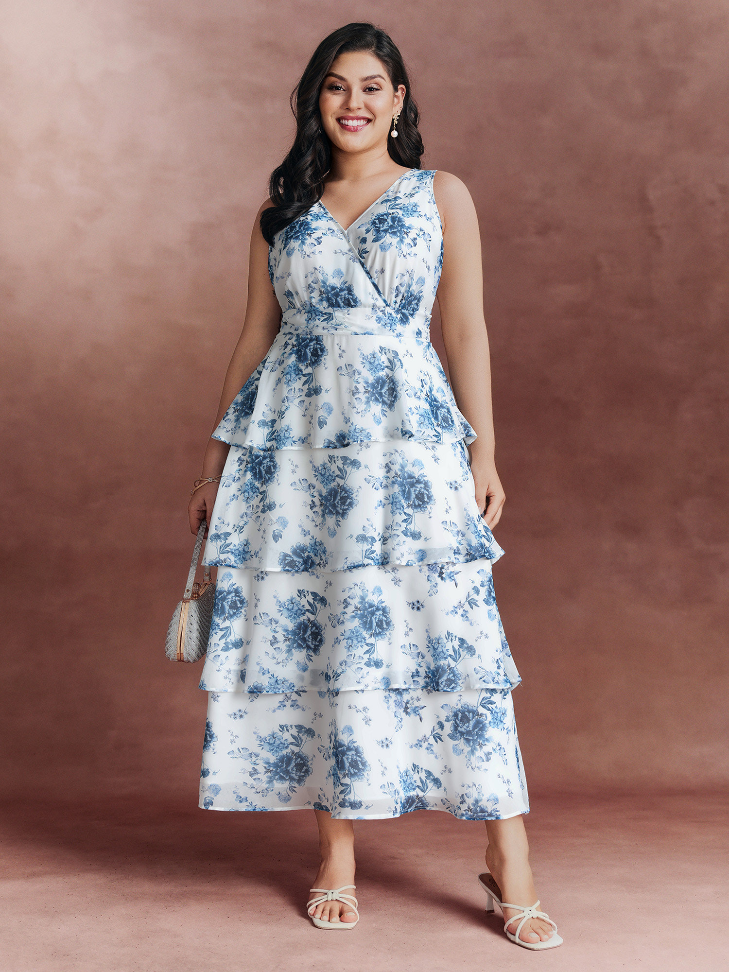 BloomChic Women's Plus Size Floral Elegance Tiered V-Neck Maxi Dress LightBlue Floral Maxi Occasion Overlapping 10/M