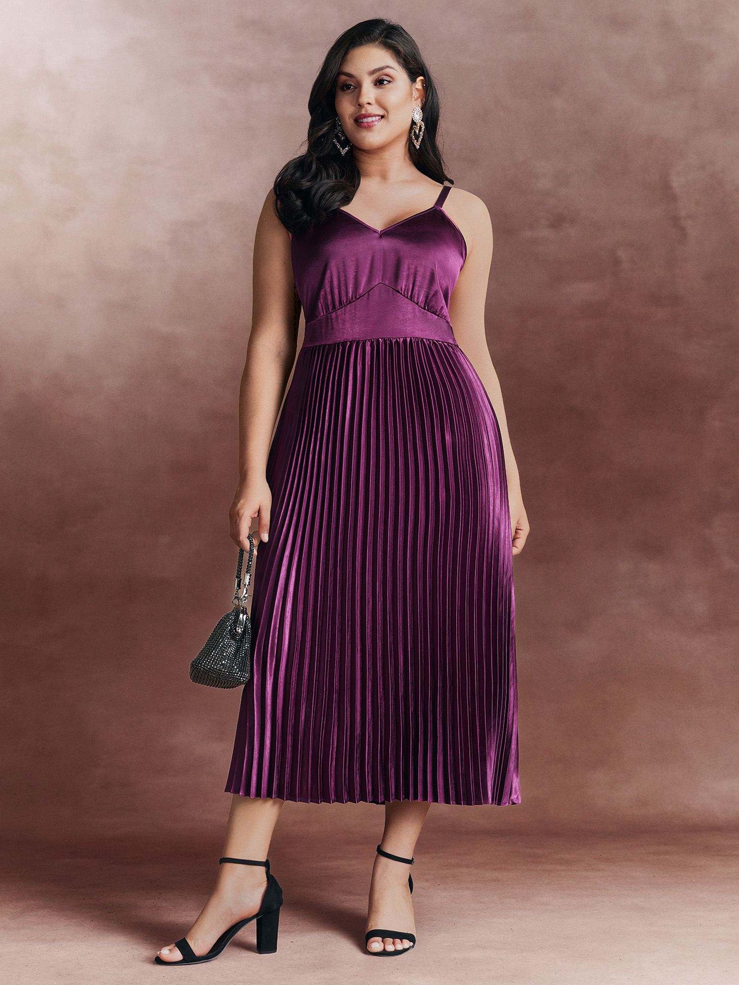 BloomChic Plus Size Satin Pleated Skirt Cami Midi Dress - Curve Ladies Deeppurplered Dating Sleeveless Non Daily Dresses 26-28/3X