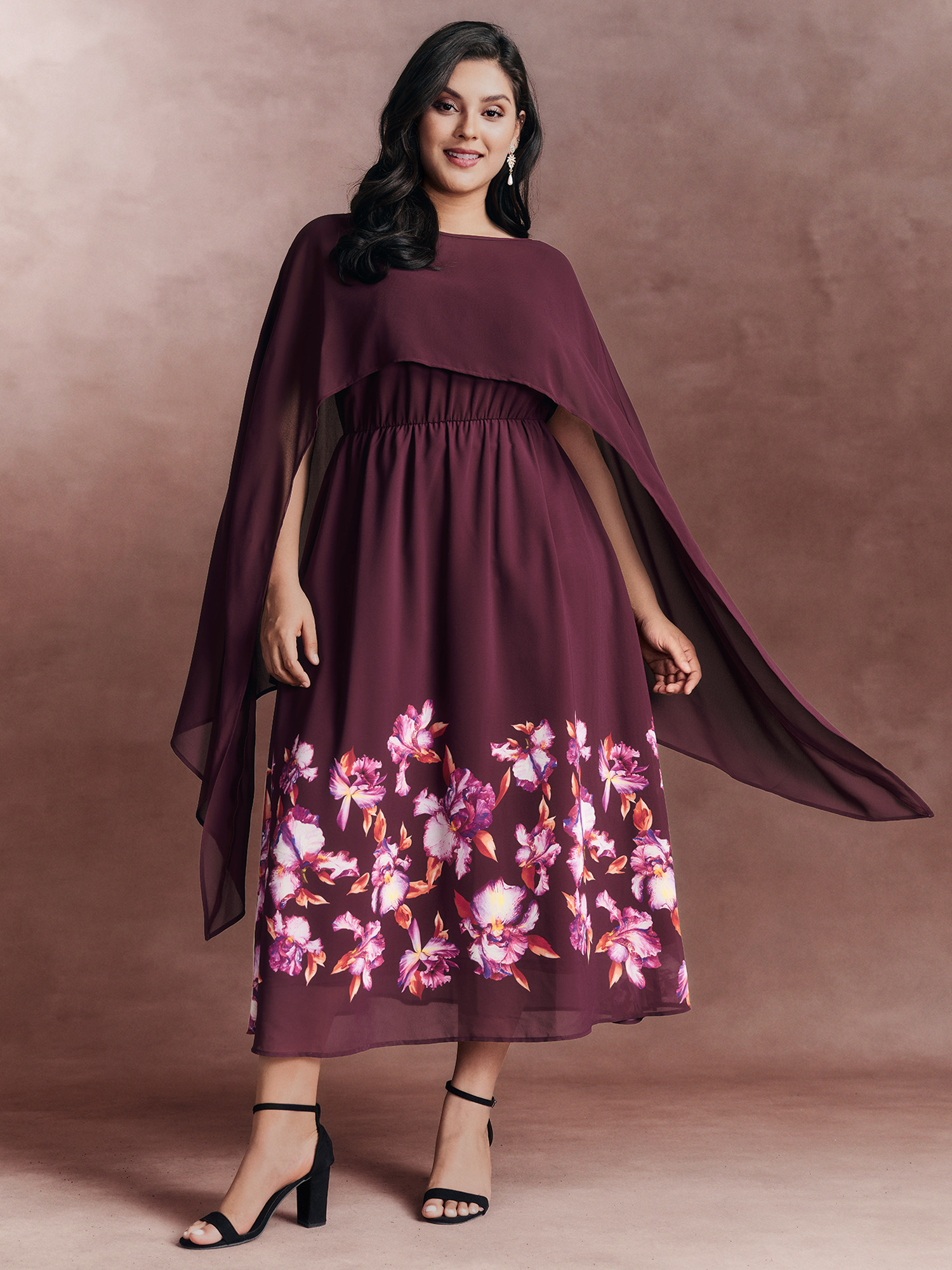 BloomChic Plus Size Romantic Floral Print Scarf-Detail Maxi Dress - Curve Ladies Deeppurplered Formal Sleeveless Floral Side seam pocket Daily Dresses 16/L