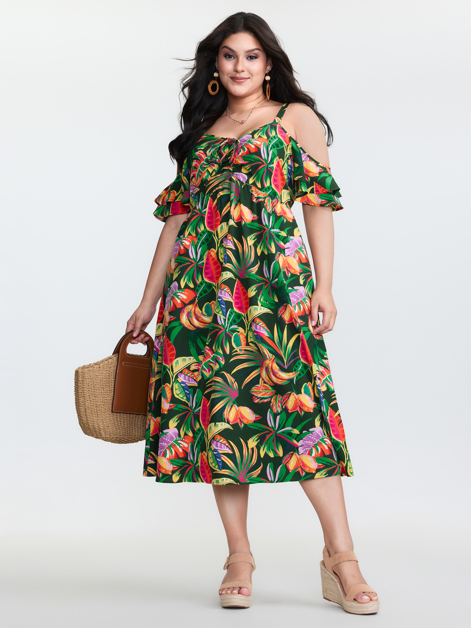 BloomChic Women's Plus Size Vibrant Tropical Print Off-Shoulder Midi Dress Multicolor Tropical Midi Vacation Tie knot 22-24/3X