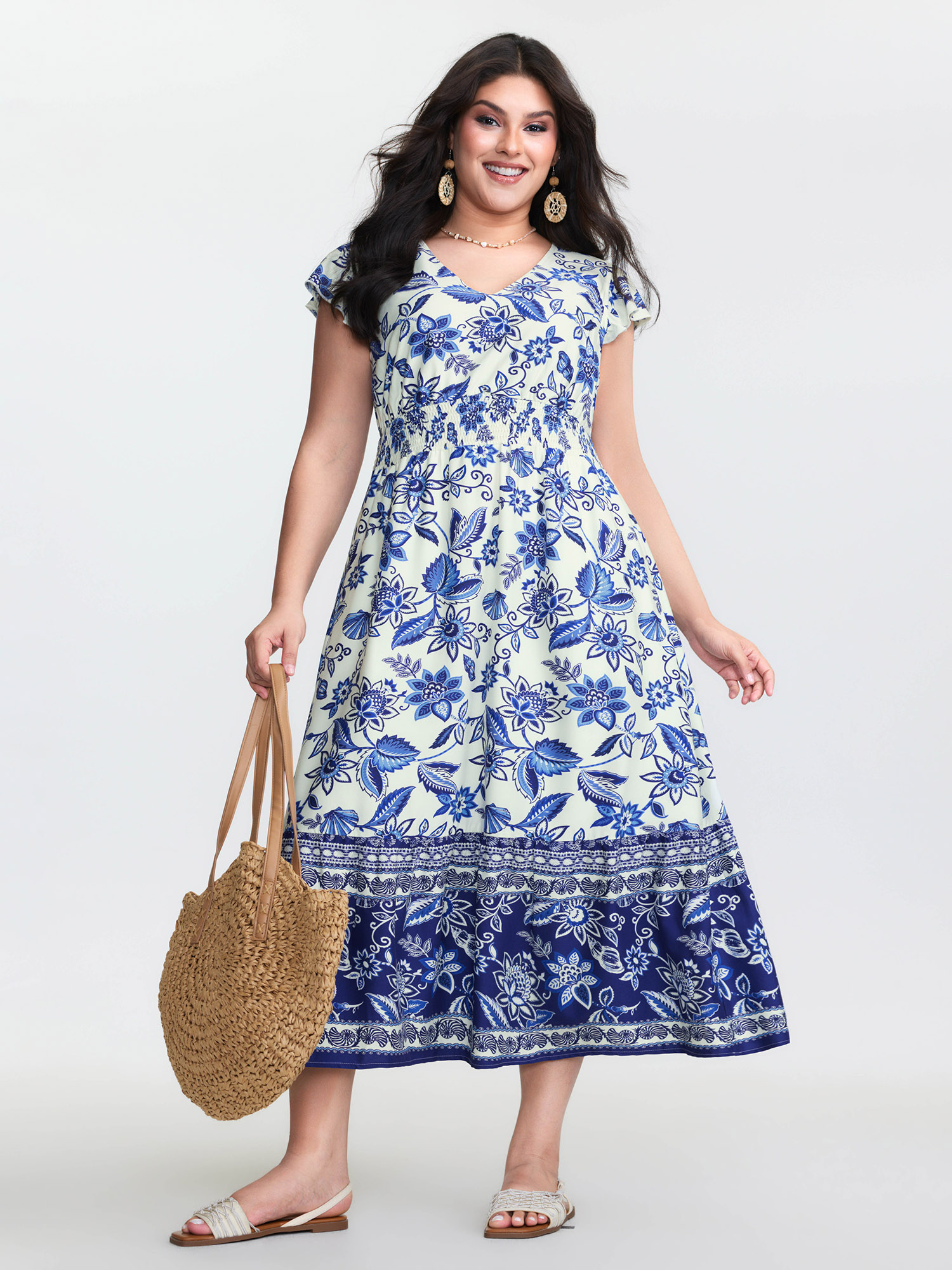 BloomChic Women's Plus Size Floral Print Ruffled Sleeve Embroidered Midi Dress Mediumblue Floral Midi Vacation Shirred 12/L