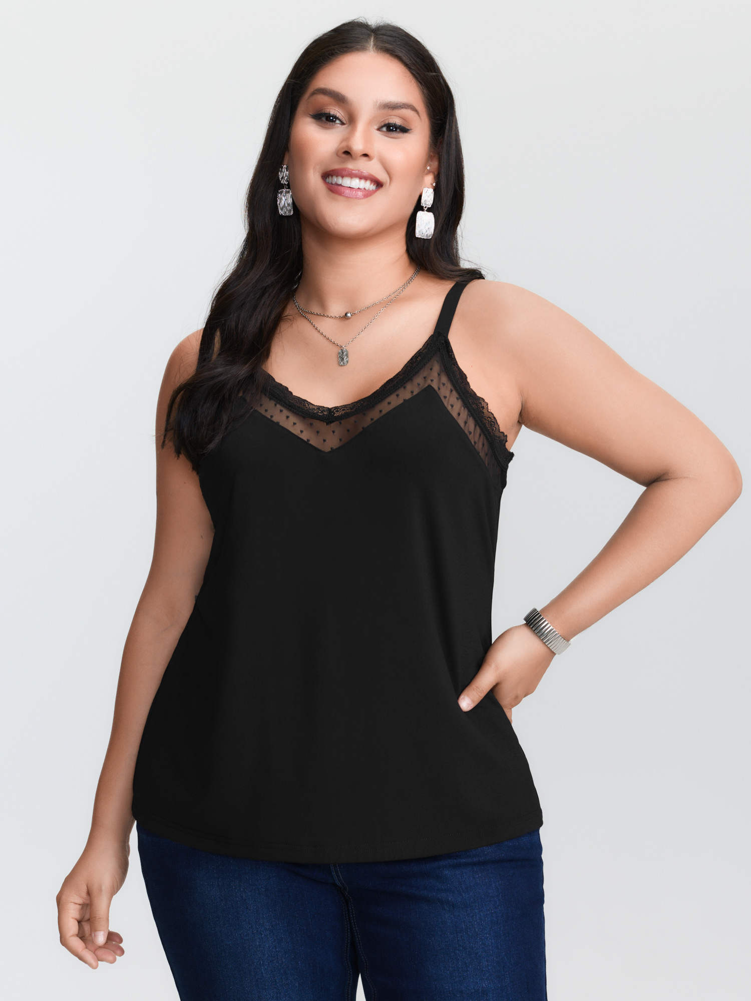 BloomChic Women's Plus Size Sheer Lace Cut-Out Tank Top Black Everyday-Elegant 10/M