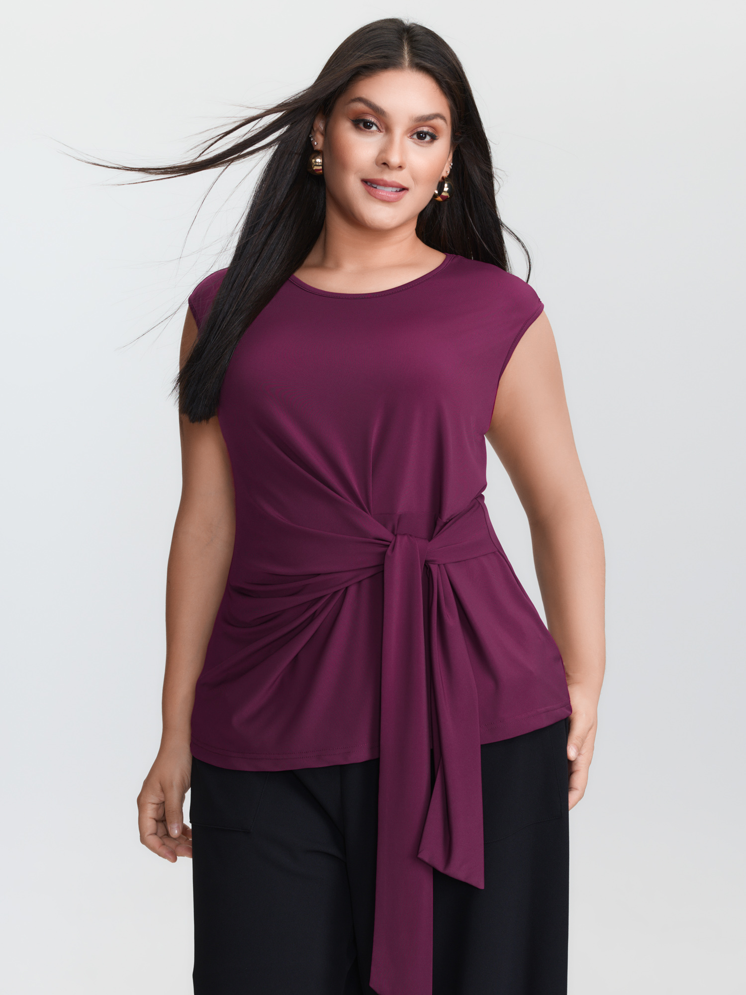 BloomChic Women's Plus Size Ruched Side Knotted Plain Knit Top Maroon Short sleeve Office Round Neck 12/L