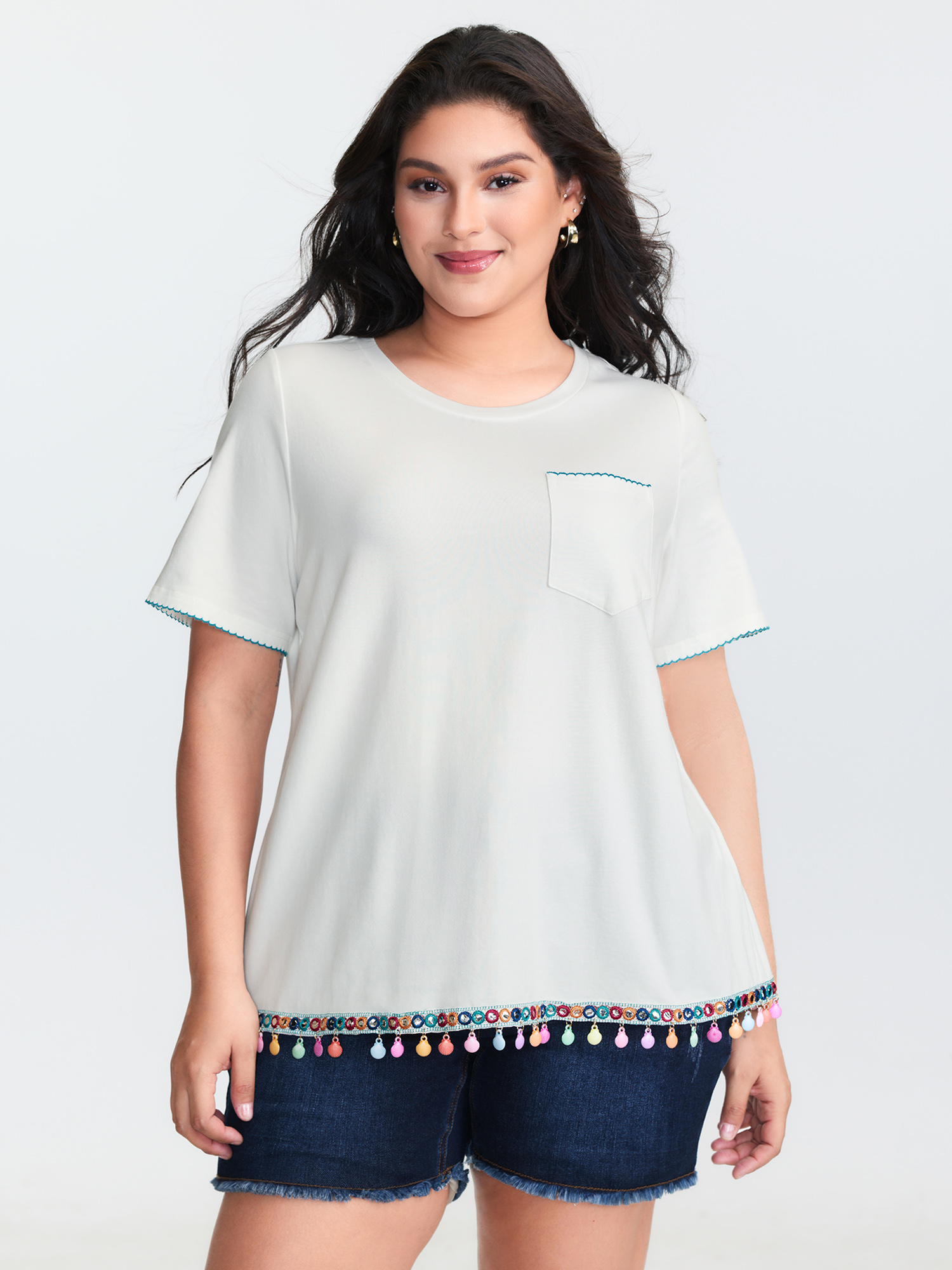 BloomChic Women's Plus Size Cotton Stretchy Colorful Tassels Round Neck T-Shirt WhiteSmoke Non Everyday-Casual Short sleeve 18-20/2X