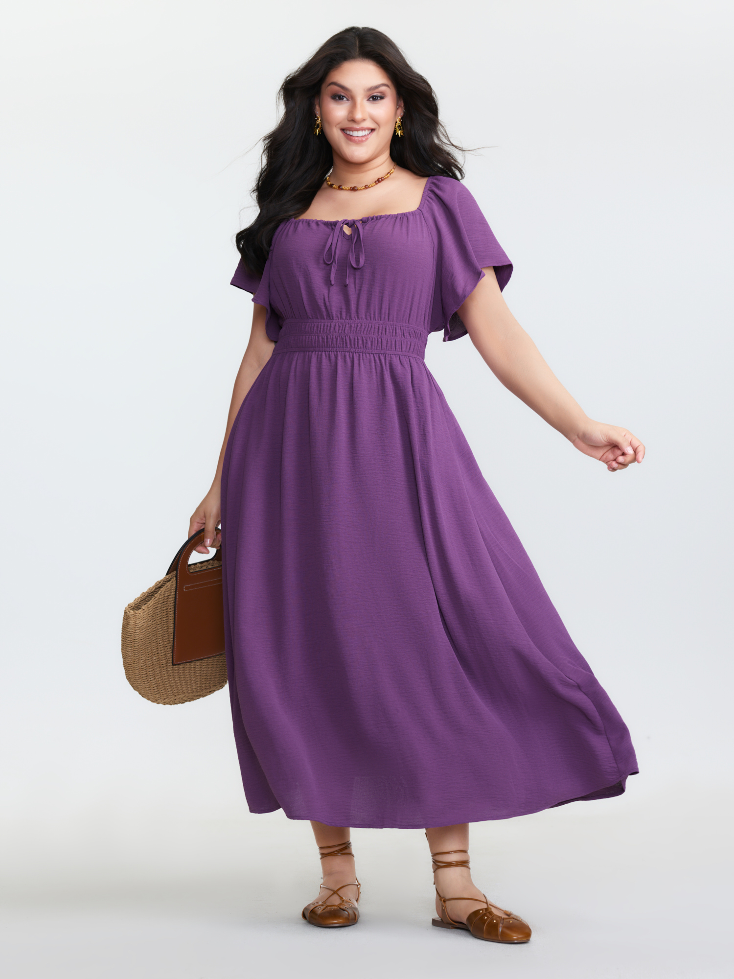 BloomChic Plus Size Square Neckline Shirred Waist Maxi Dress - Curve Ladies Purple Sapphire Resort Short sleeve Side seam pocket Daily Dresses 14/M