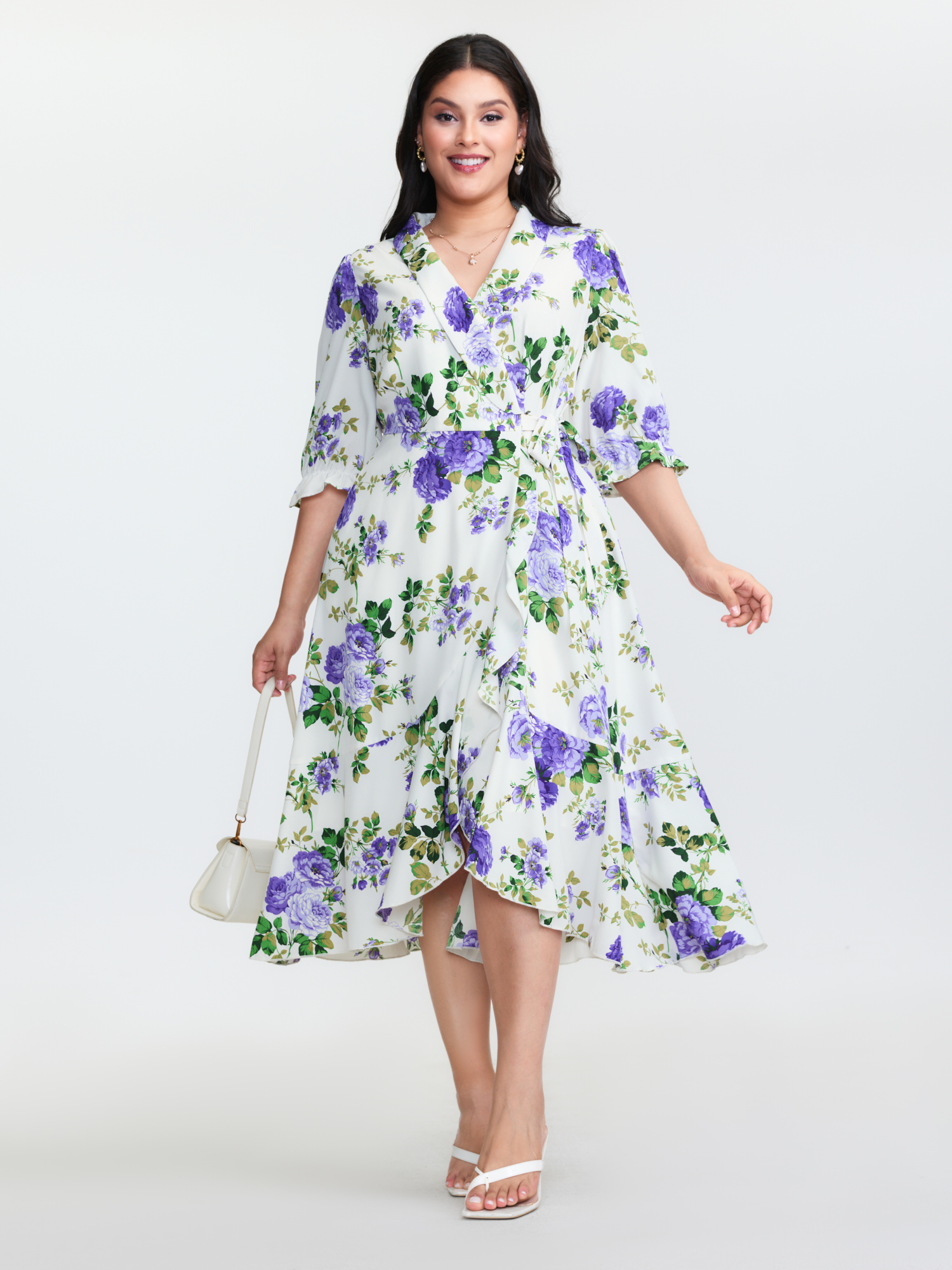 BloomChic Women's Plus Size Large Floral Print Wrap Pockets Midi Dress Ivory Ditsy Floral Midi Everyday-Elegant Overlapping 10/M