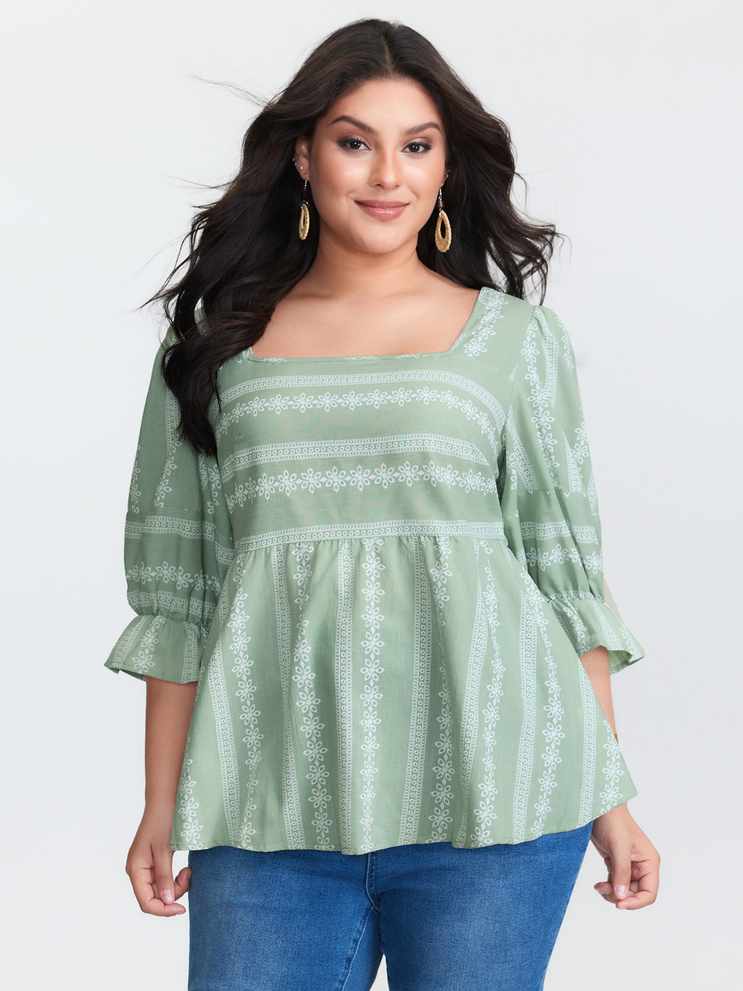 BloomChic Plus Size Boho Stripe Print Square Neck Blouse - Women's Greenbean Bohemian print 3/4 Sleeve Resort Blouses 18-20/1X