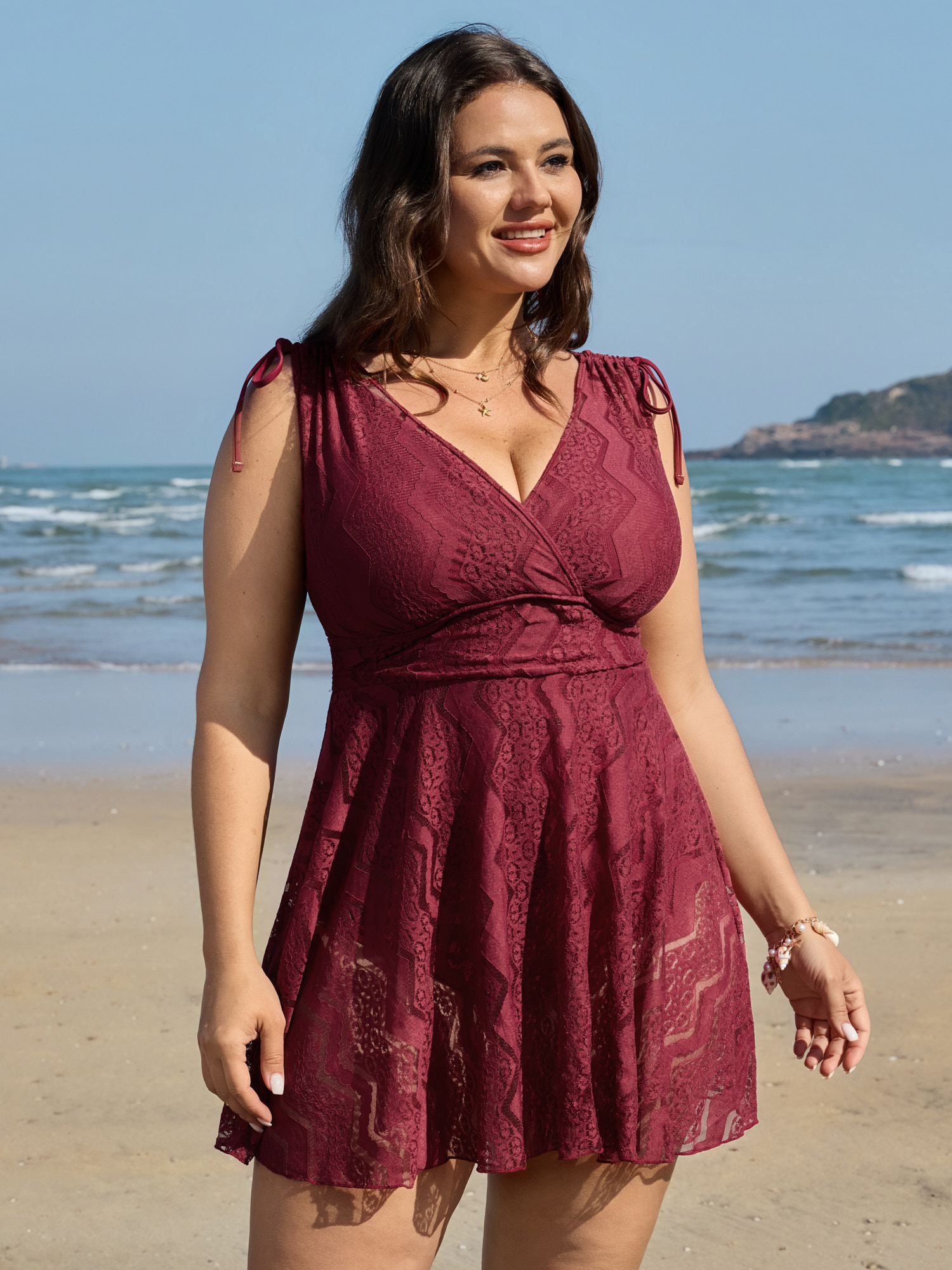 BloomChic Women's Plus Size Lace Channel Drawstring Swim Dress Scarlet Synthetic texture See through Adaptive-Fit 22-24/3X